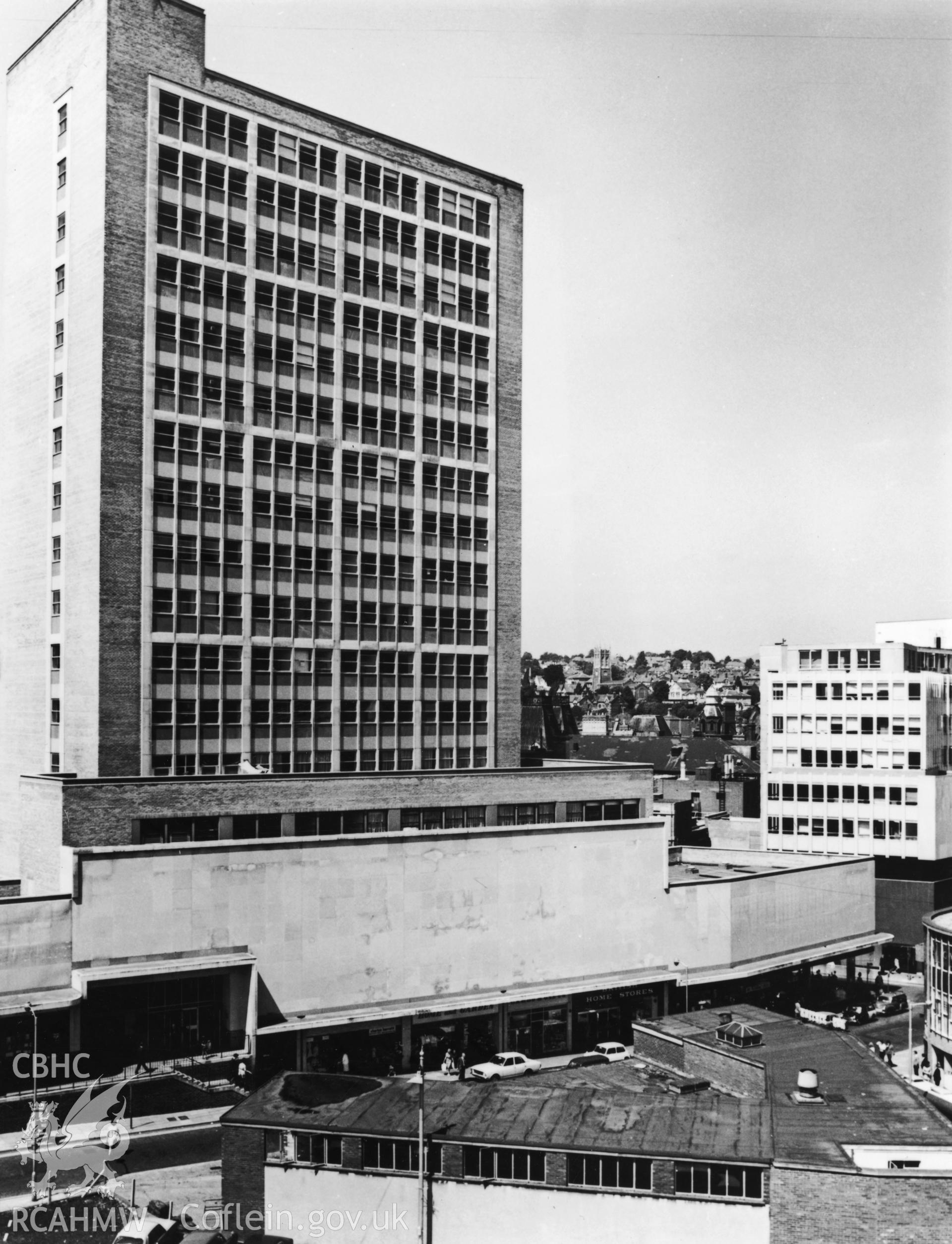 1 b/w print showing  view of  the Chartist Tower, Upper Dock Street, Newport; collated by the former Central Office of Information.