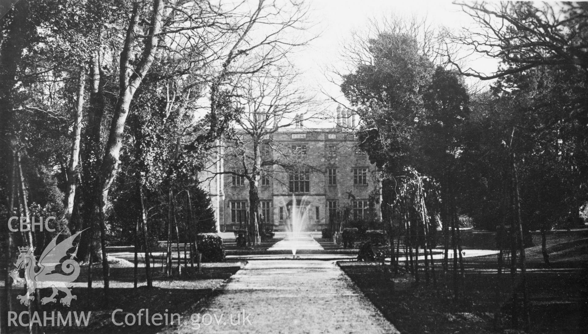 Copy of black and white image of Llanover House, Llanover, Monmouthshire, copied from early undated postcard showing exterior, loaned by Thomas Lloyd.