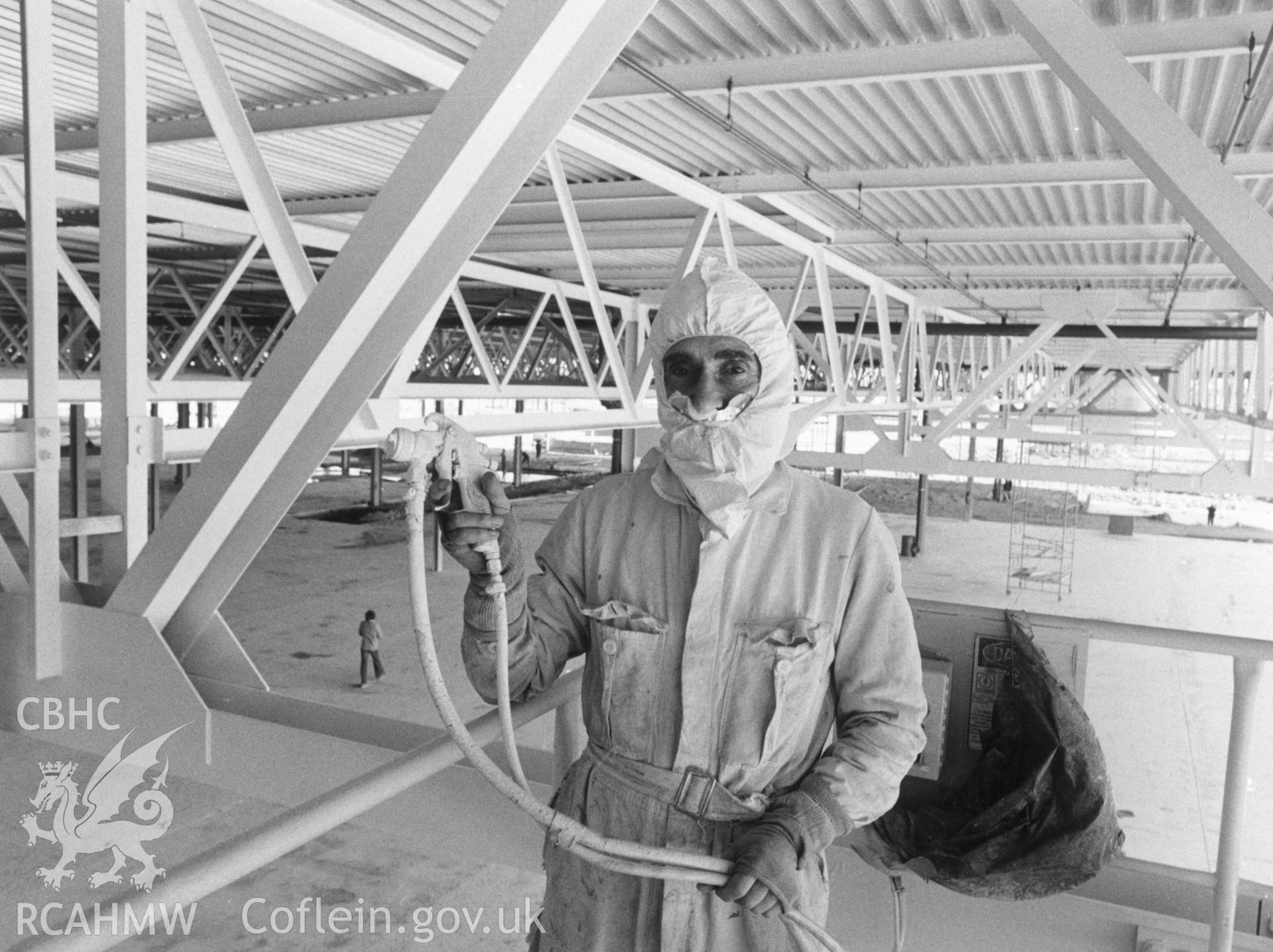 1 b/w print showing interior view of the Ford Plant at Bridgend under construction; collated by the former Central Office of Information.