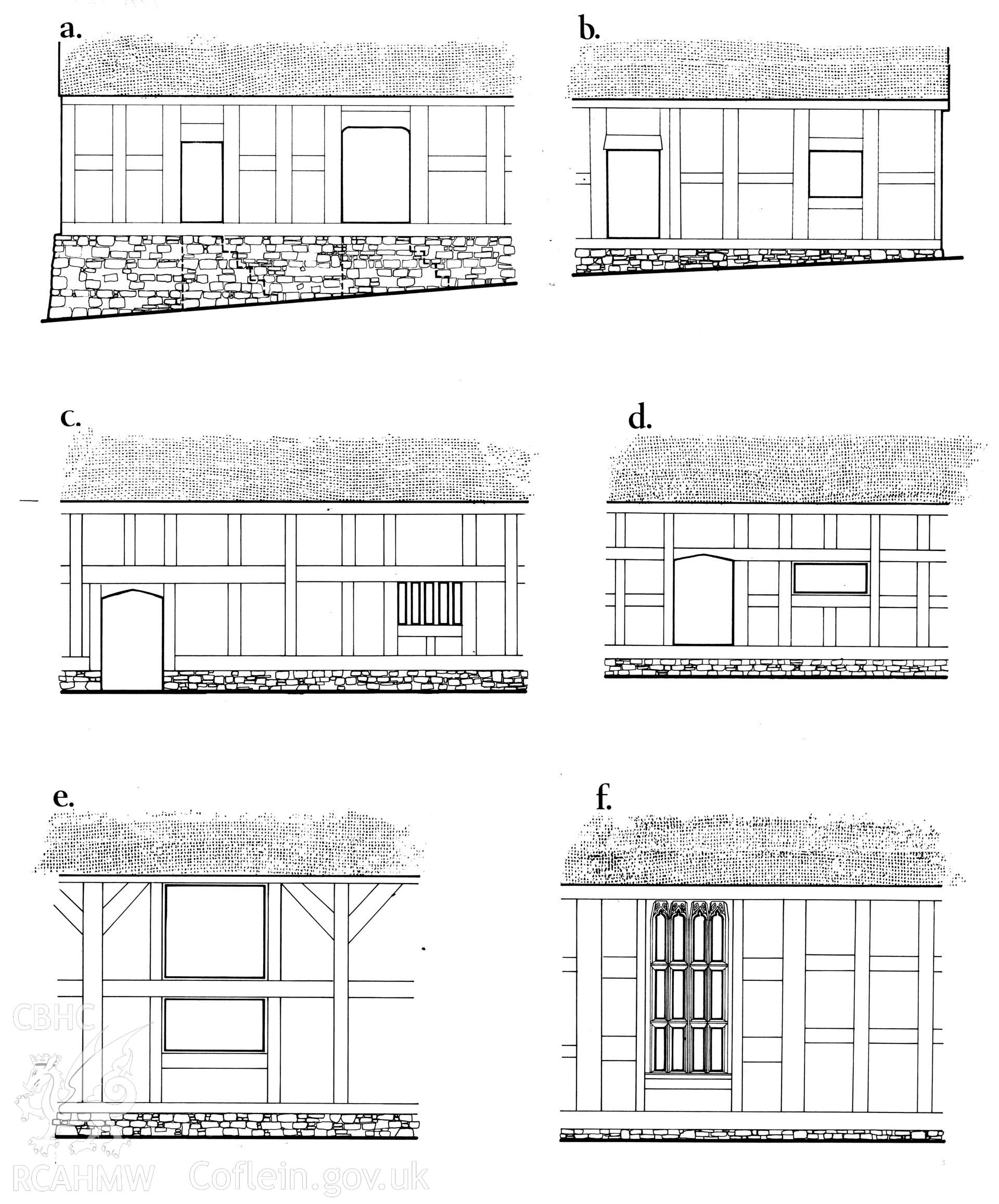 Multi site RCAHMW drawing, 6 sites, showing detail of half-timbered houses.  Published in Houses of the Welsh Countryside, fig 43.