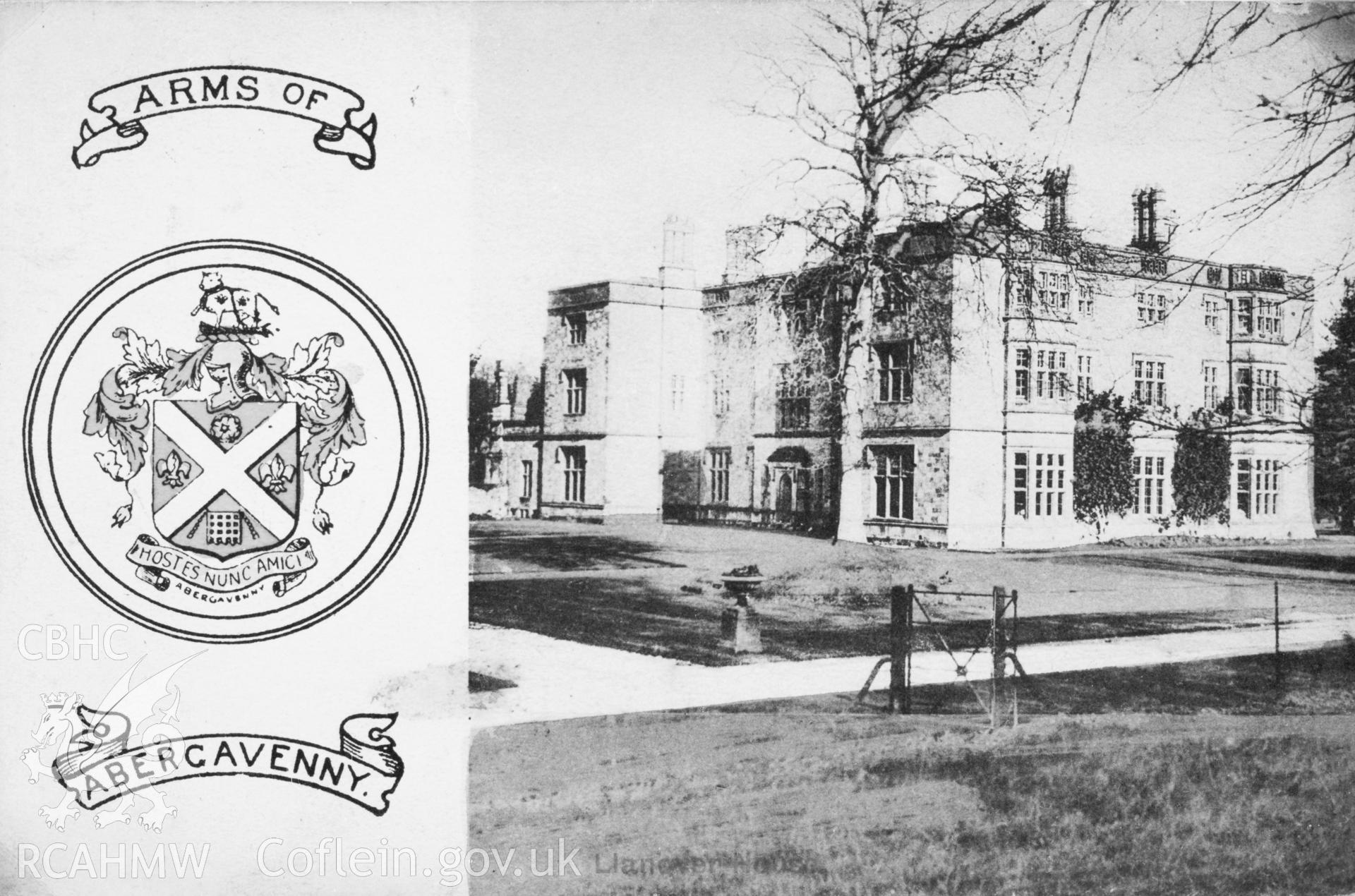Copy of black and white image of Llanover House, Llanover, Monmouthshire, copied from early undated postcard showing exterior, loaned by Thomas Lloyd.