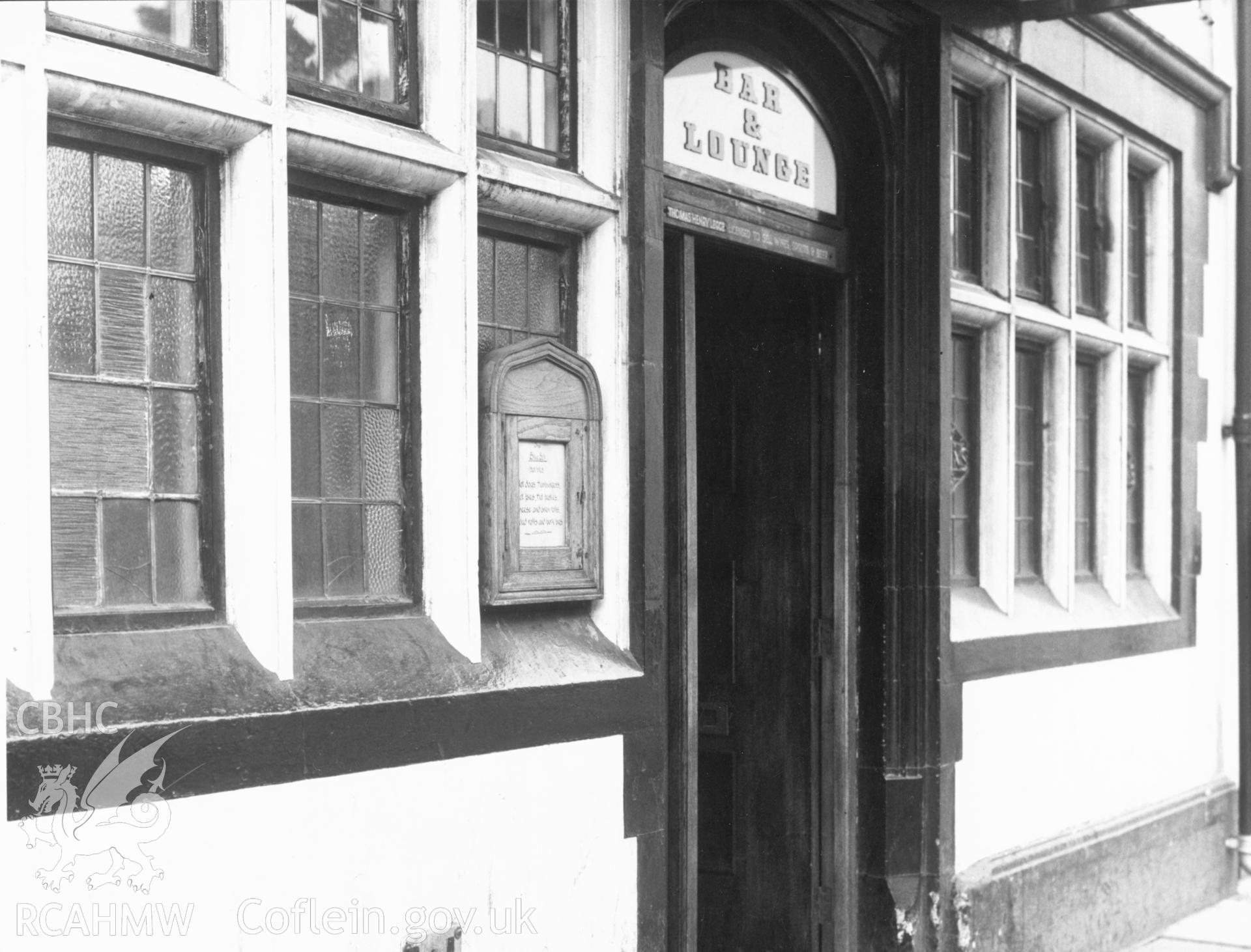 1 b/w print showing doorway of The Bluebell Public House, High Street, Cardiff; collated by the former Central Office of Information.