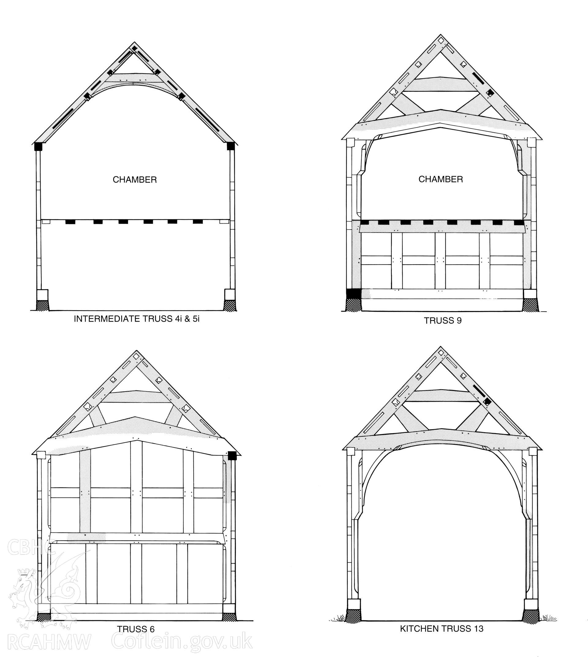 Measured drawings showing detail  of the trusses at Bryndraenog, Bugeildy , as published in the RCAHMW volume, Houses and History in the Marches of Wales. Radnorshire 1400-1800,  page 52, figure 44.