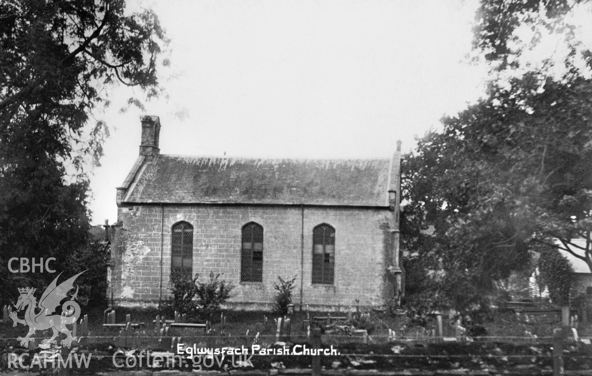 Black and white print of St. Michael's Church, Eglwys Fach, copied from an original postcard in the possession of Thomas Lloyd.