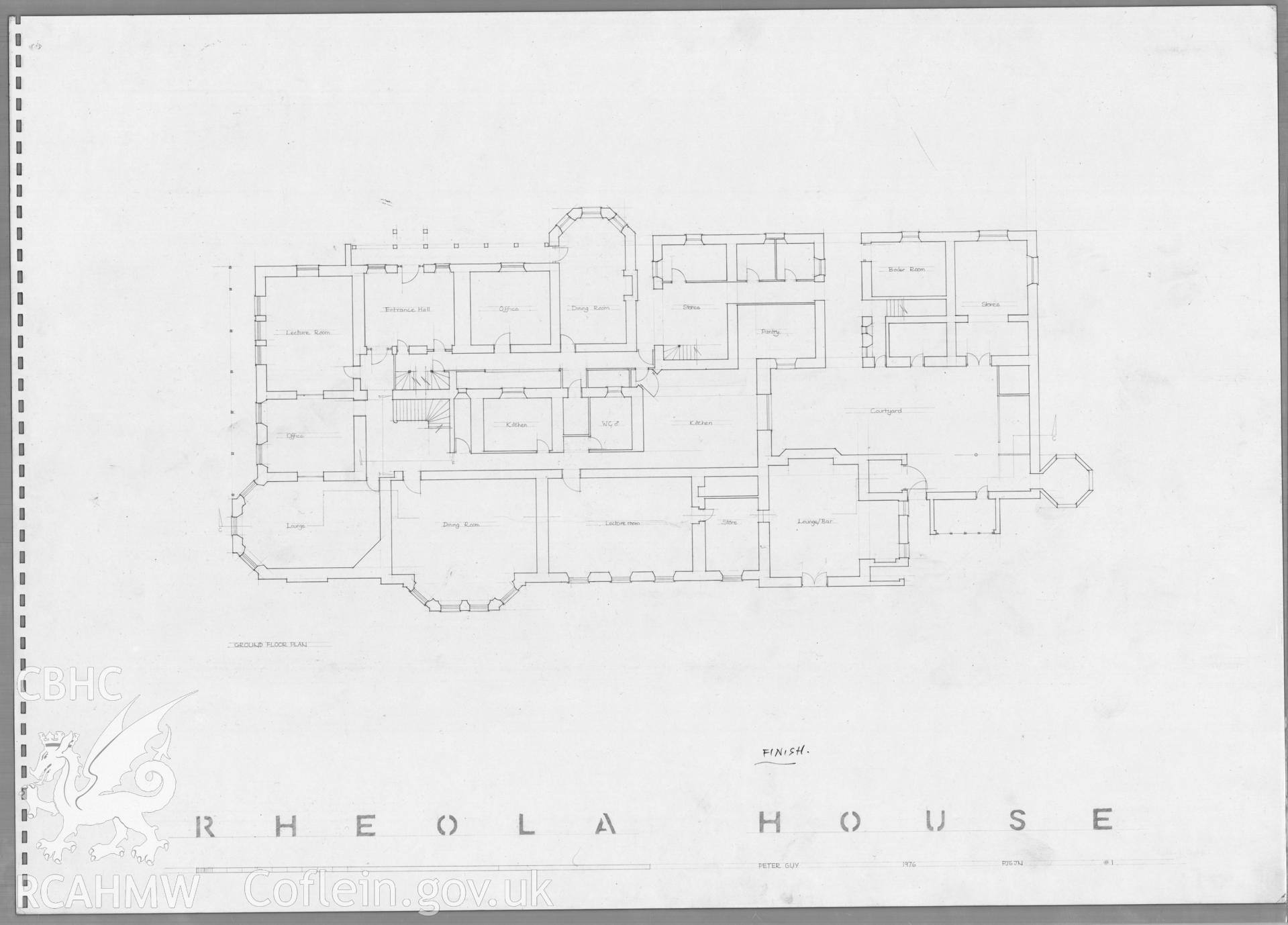 Measured ground floor plan of Rheola House, Resolven, produced by Peter Guy of Welsh School of Architecture dated 1976.