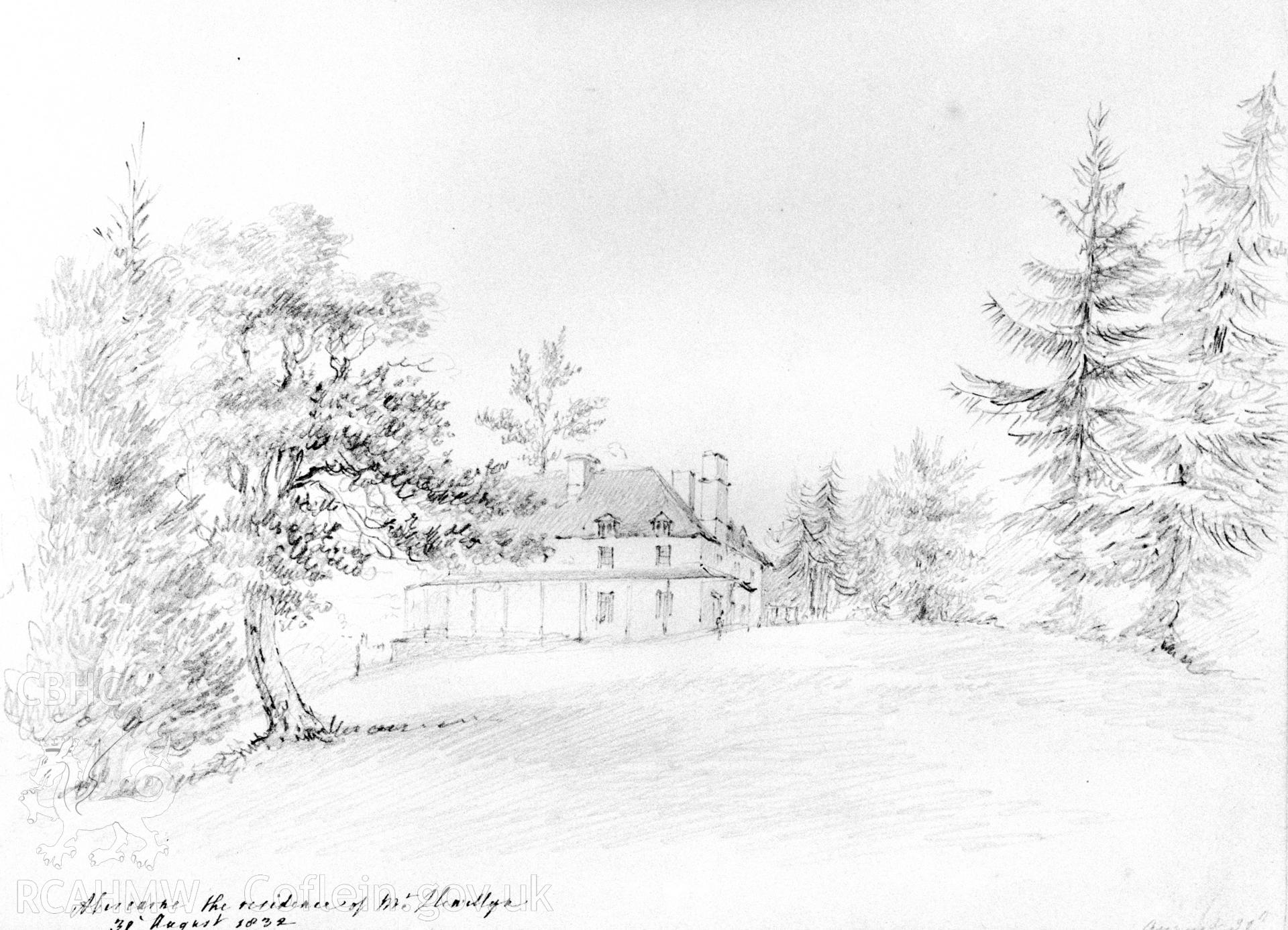 Abercarne, Monmouthshire; B&W photographic copy of an 1832 pencil drawing, artist unknown, loaned for copying by Thomas Lloyd, copy negative held.