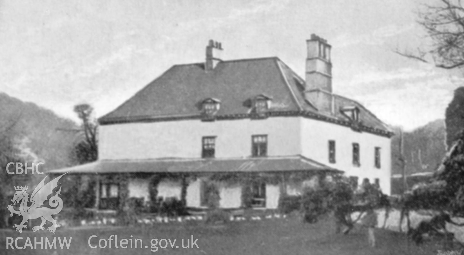 Copy of black and white image of Abercarn House, Abercarn, copied from early undated postcard showing exterior, loaned by Thomas Lloyd from the Monmouthshire Albums.