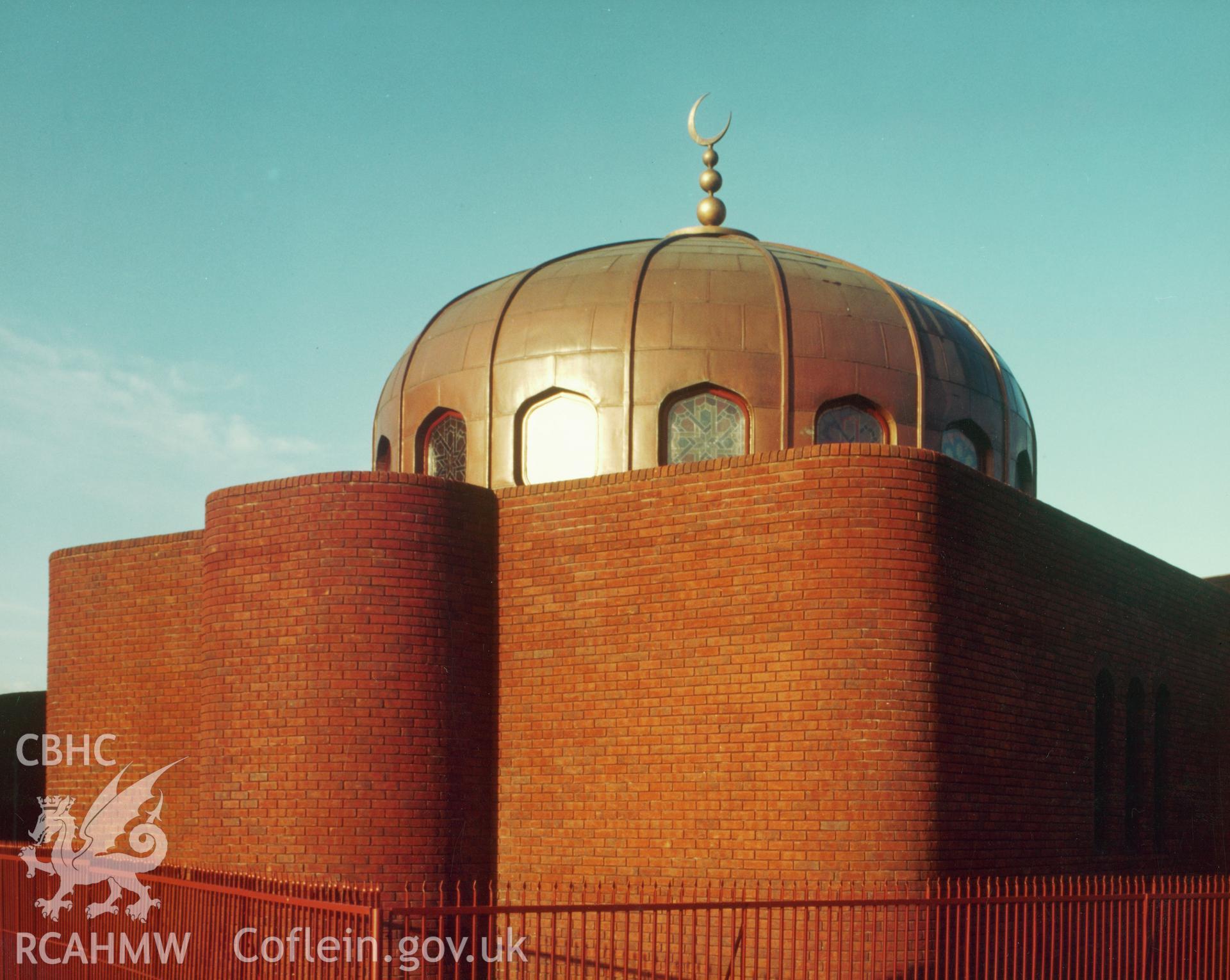 South Wales Islamic Centre, Alice Street, Cardiff. Image collated by the former Central Office of Information in 1984. The mosque has an impressive bronze dome around which are 16 stained glass windows designed by students of the College of Art, Swansea. The building includes a Women's centre, school, and main temple for worship.