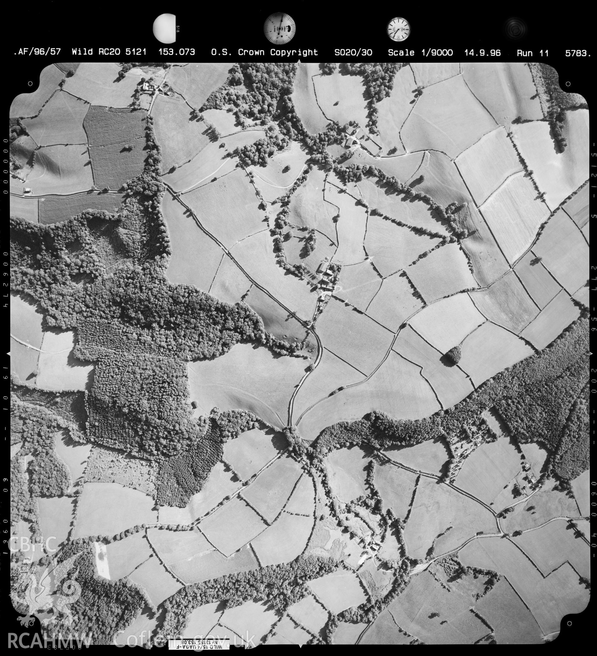 Digitized copy of an aerial photograph showing the area to the west of Llangibby Park, taken by Ordnance Survey, 1996.