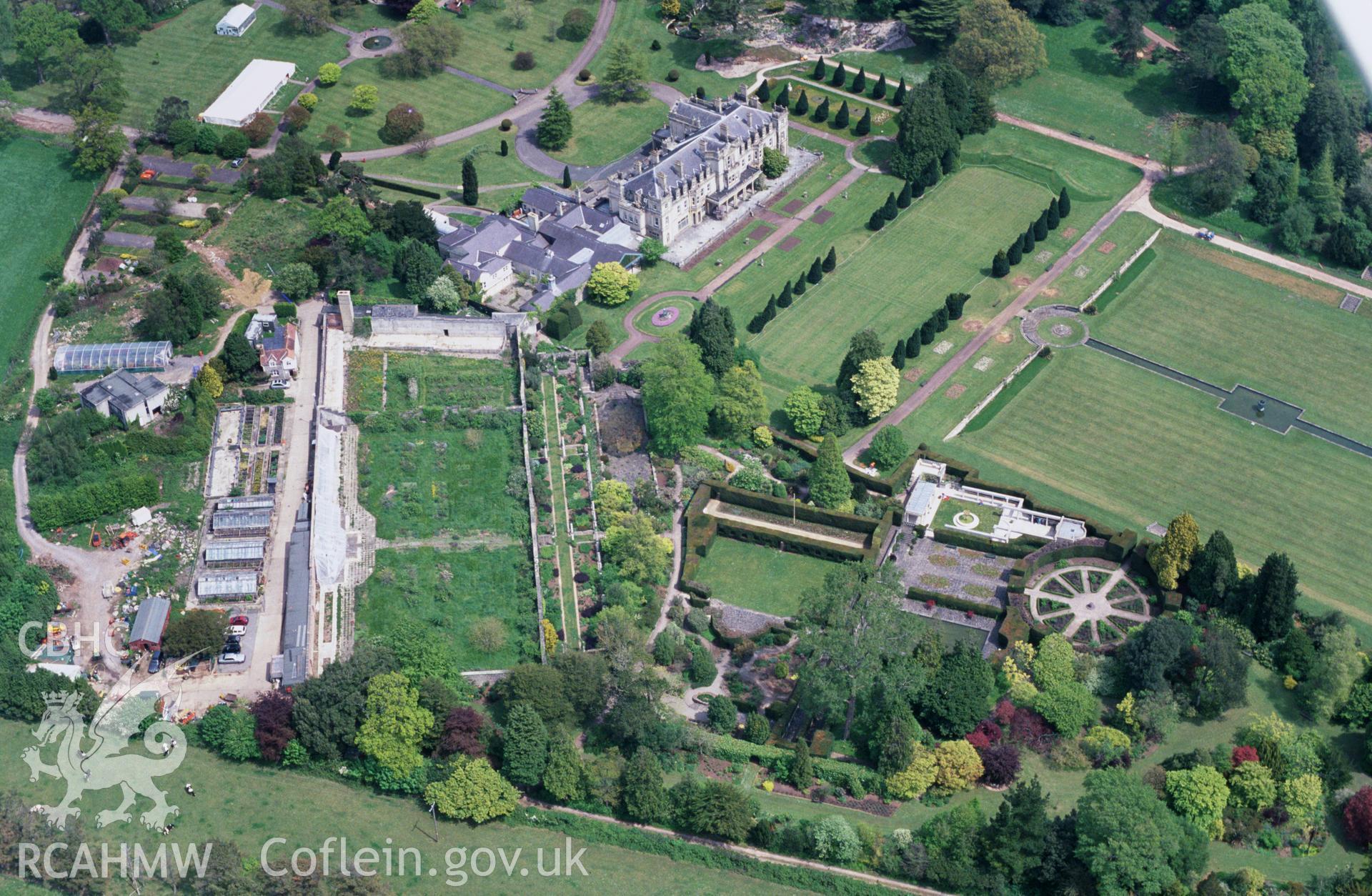 RCAHMW colour oblique aerial photograph of Dyffryn House and Gardens, high view of formal gardens. Taken by Toby Driver on 16/05/2002