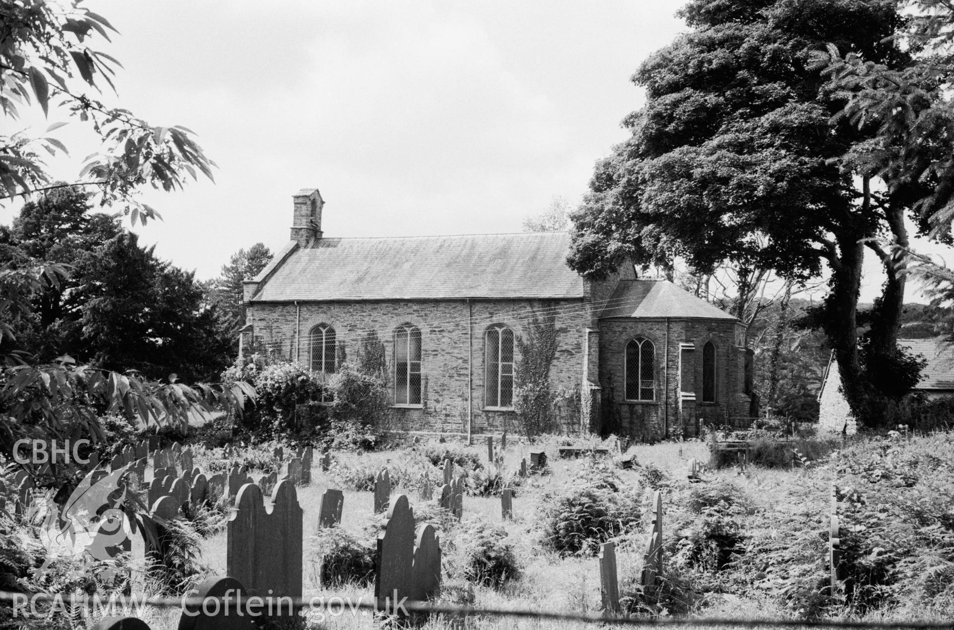 A black and white print showing St Michael's Church, Eglwysfach.