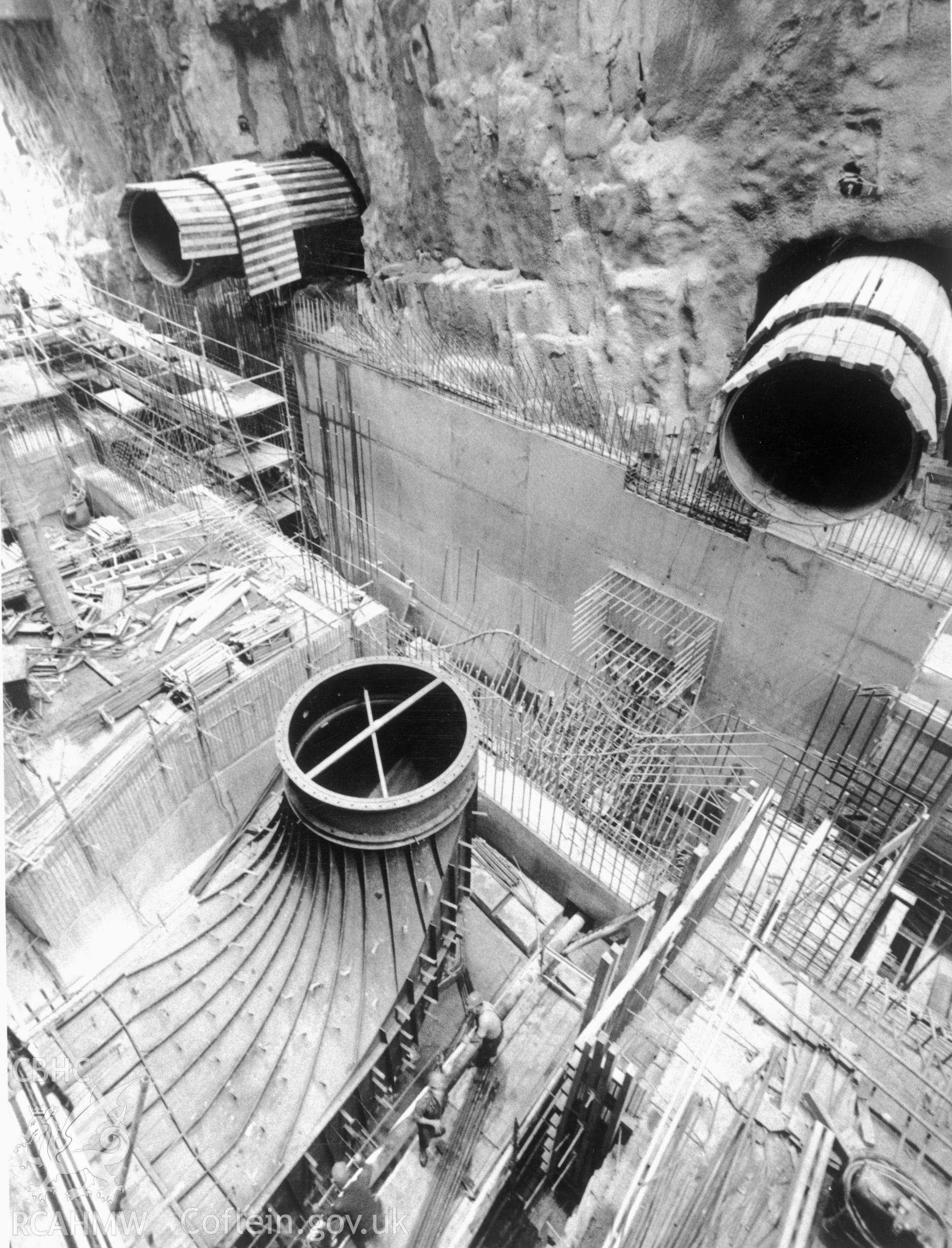 1 b/w print showing construction of the central hall at Dinorwig Power Station; collated by the former Central Office of Information.