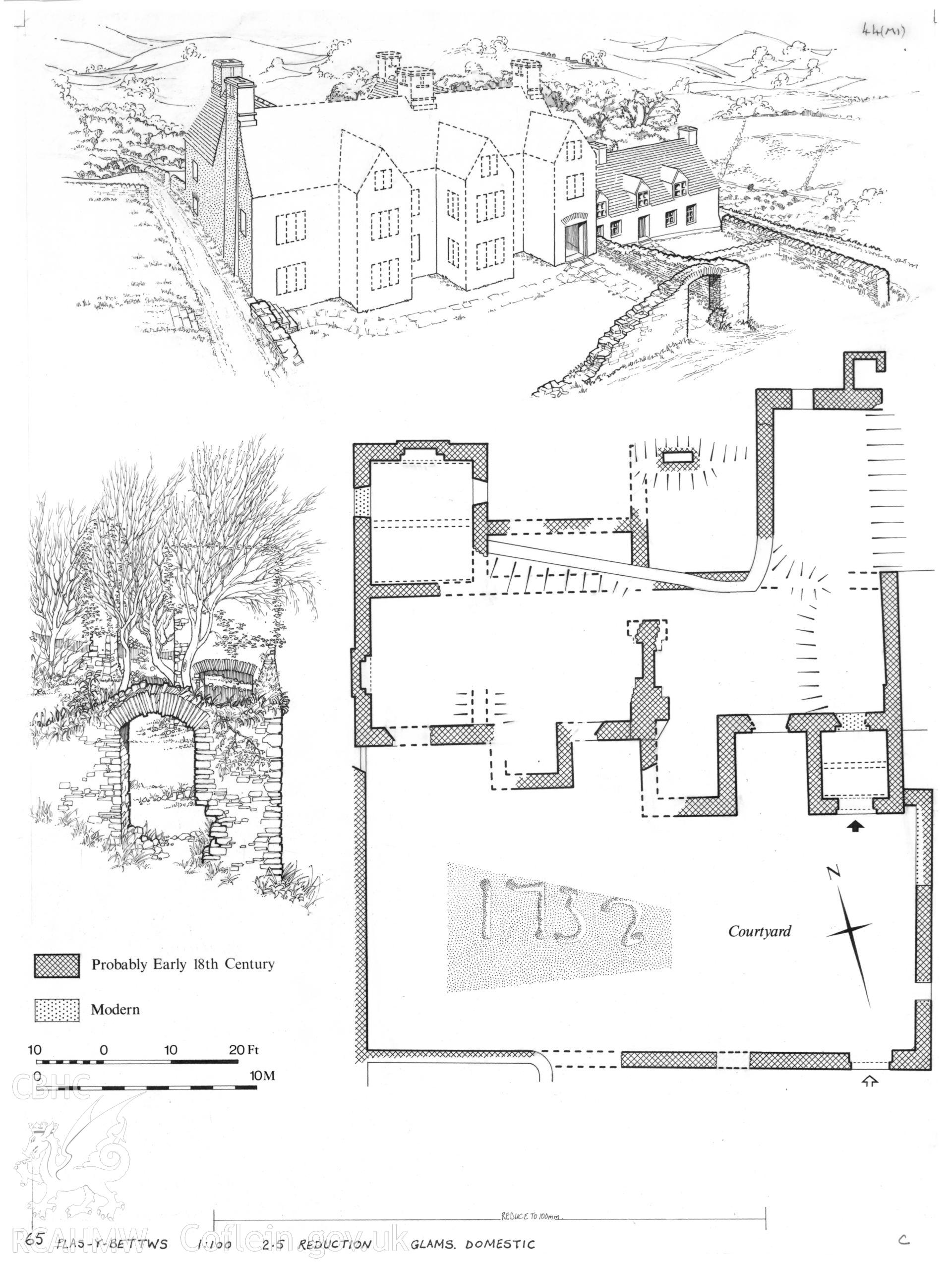 RCAHMW drawing showing plan  and reconstruction view of Plas y Bettws, Betws, Glamorgan, published in Glamorgan IV, fig 65.
