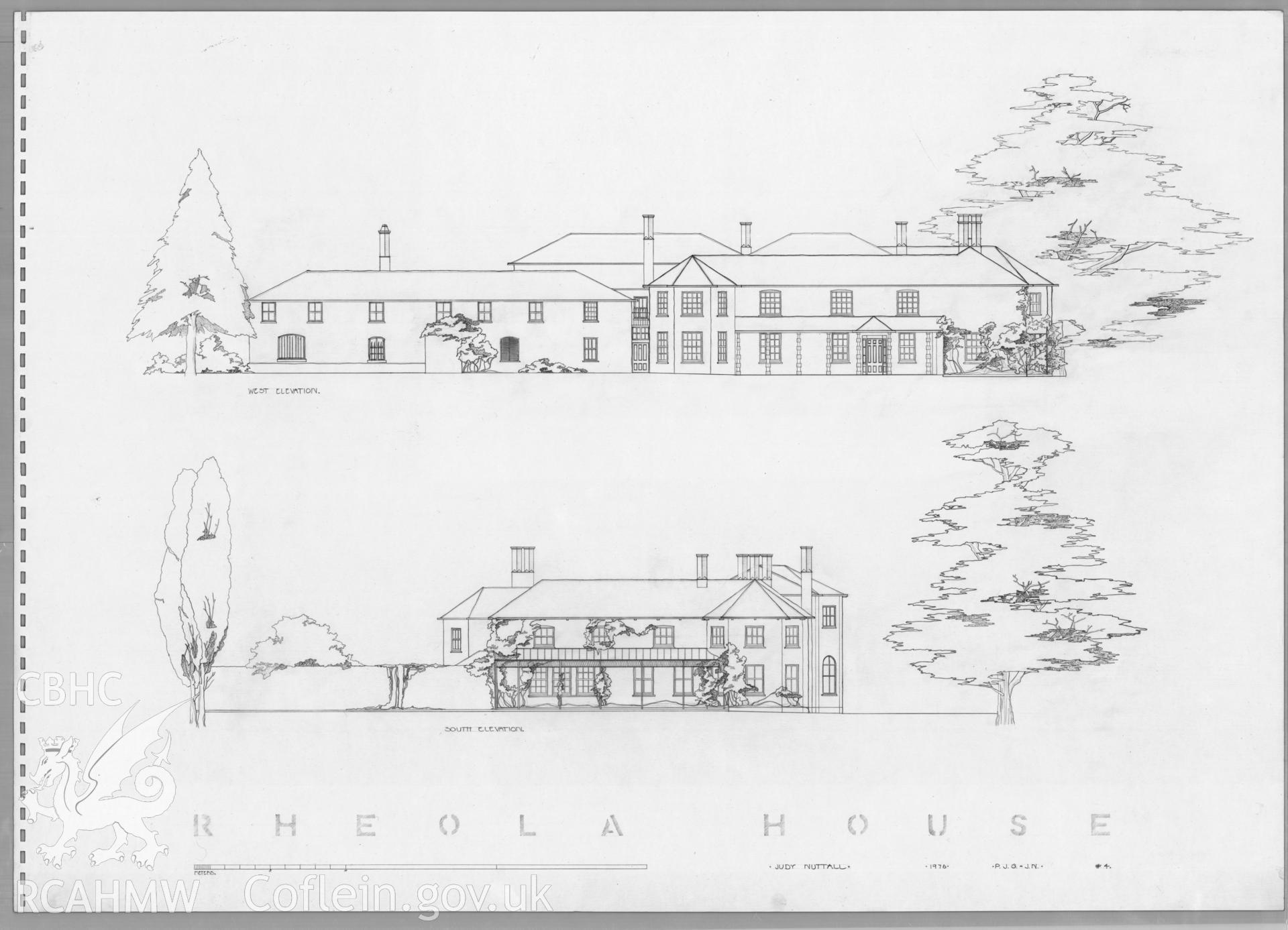 Measured drawings of the south and west elevations of Rheola House, Resolven, produced by Judy Nuttall of the Welsh School of Architecture, dated 1976.
