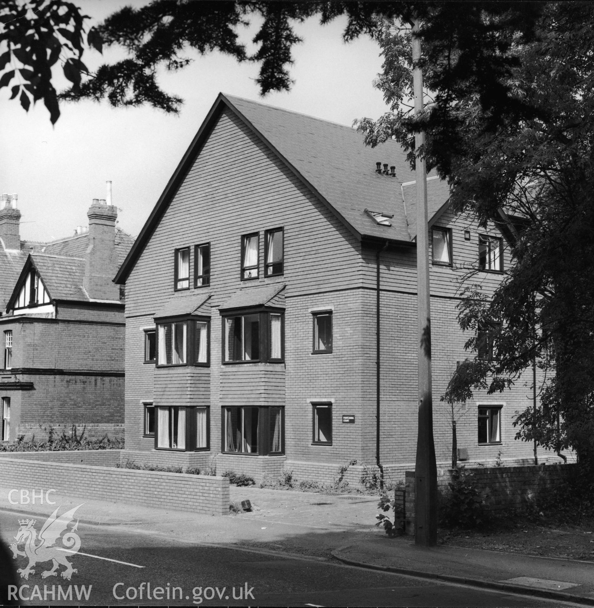 1 b/w print showing exterior view of Pontcanna Court, Cardiff Road, Cardiff; collated by the former Central Office of Information.