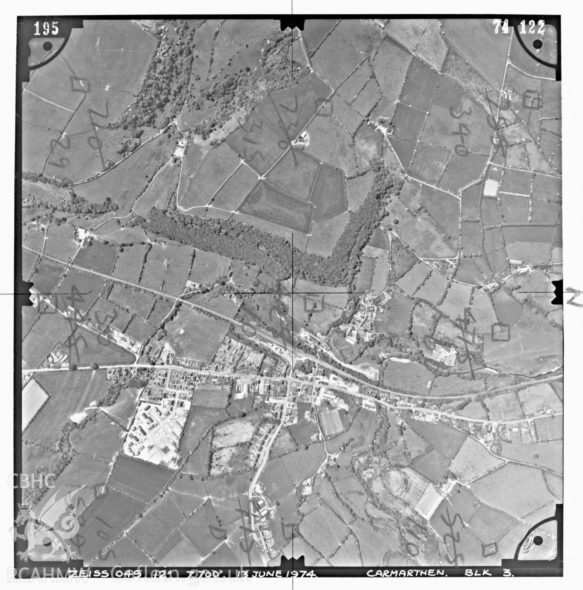 Digitized copy of an aerial photograph showing the Pencader area, taken by Ordnance Survey, 1974.