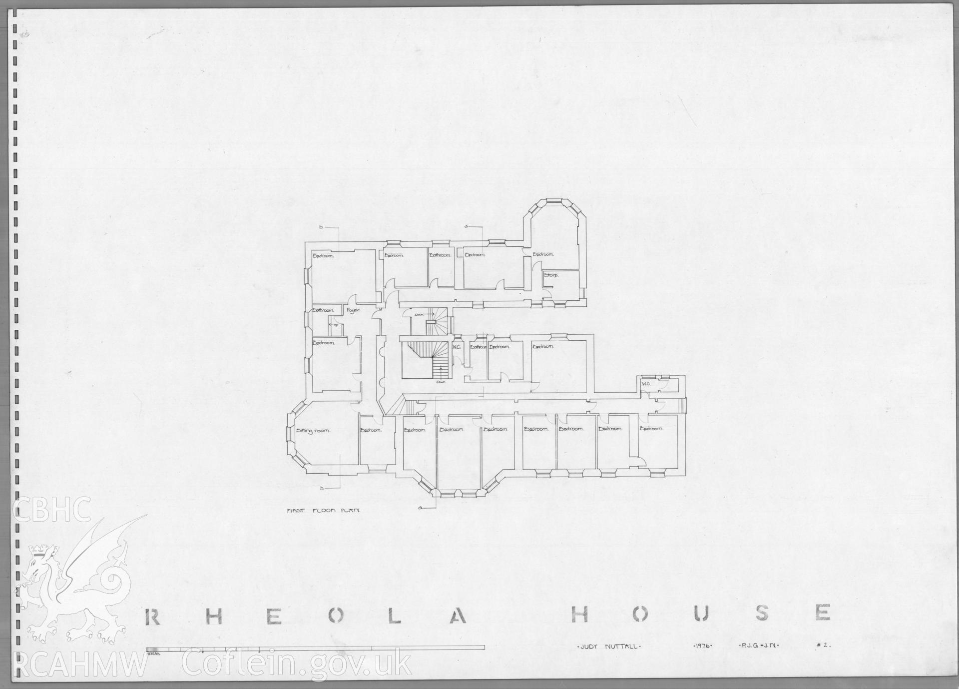 Measured first floor plan of Rheola House, Resolven, produced by Judy Nuttall of the Welsh School of Architecture dated 1976.