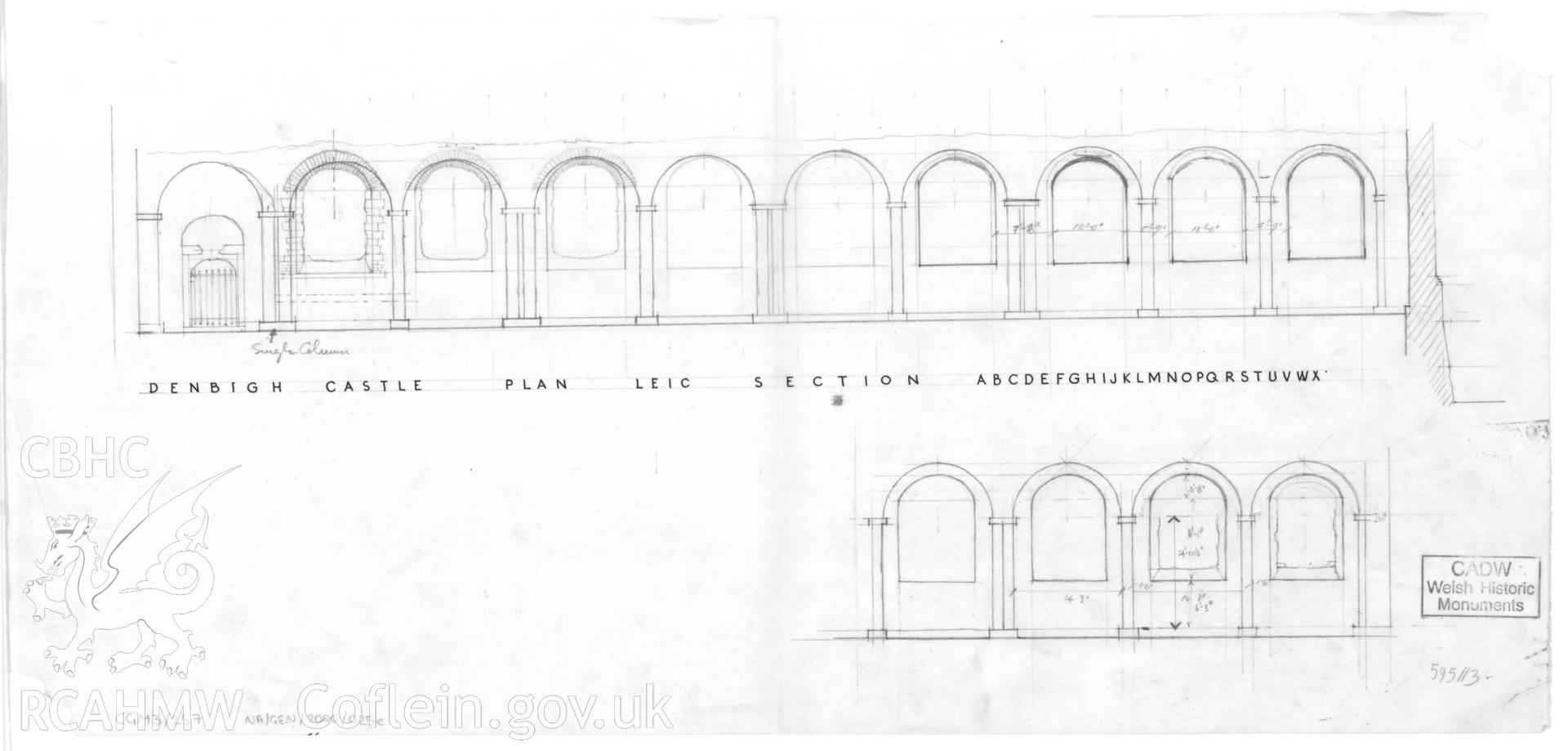 Cadw guardianship monument drawing of Denbigh Leicester's Church. Study to reconstruct internal elevs. Cadw Ref: 595//3. Scale 1:96.