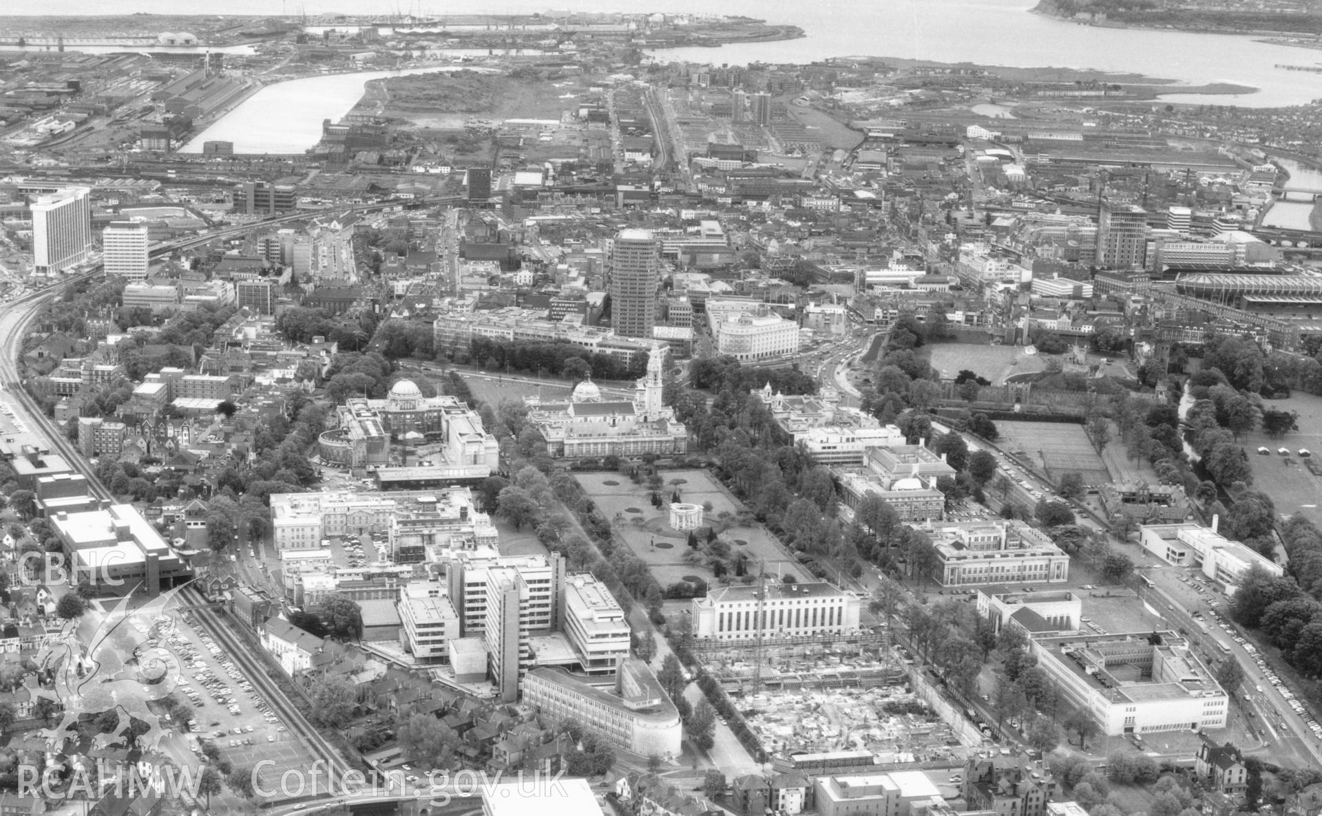 1 b/w print showing aerial view of Cathays Civic Centre, Cardiff, showing the Assembly Building under construction; collated by the former Central Office of Information.