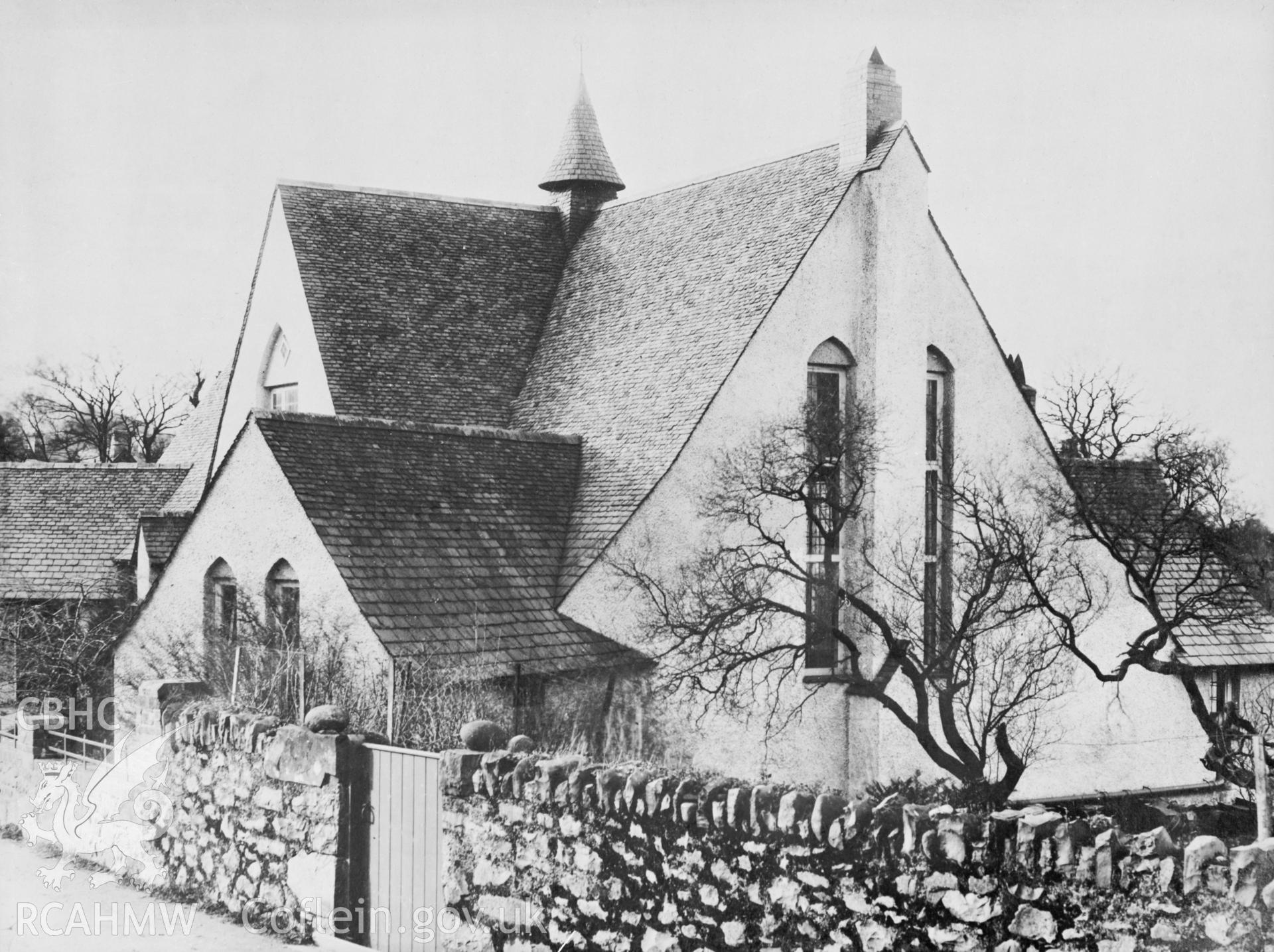 Black and white print of Llanfairfechan Church Institute, designed by Herbert, L. North. Copy negative held.