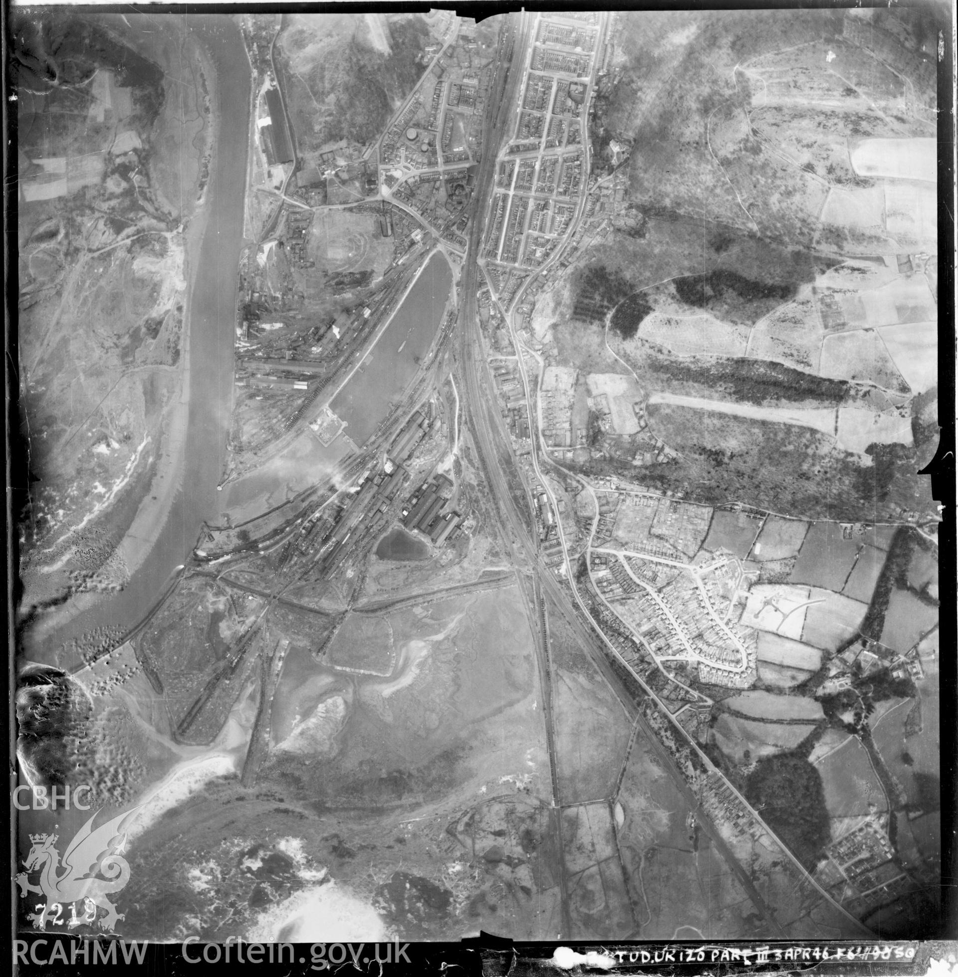 Black and white vertical aerial photograph taken by the RAF on 03/04/1946 centred on SS74449350 at a scale of 1:10000. The photograph includes part of Baglan community in Neath, Port Talbot.