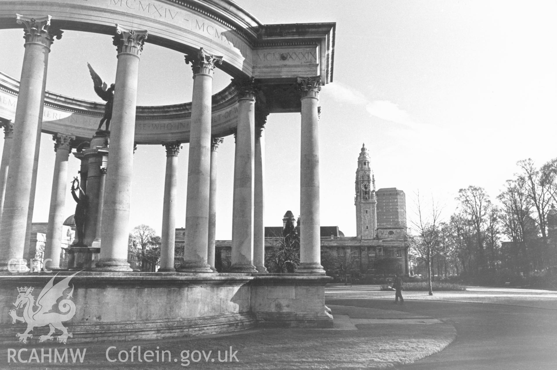 1 b/w print showing view of the War Memorial, Cathays Park, Cardiff; collated by the former Central Office of Information.