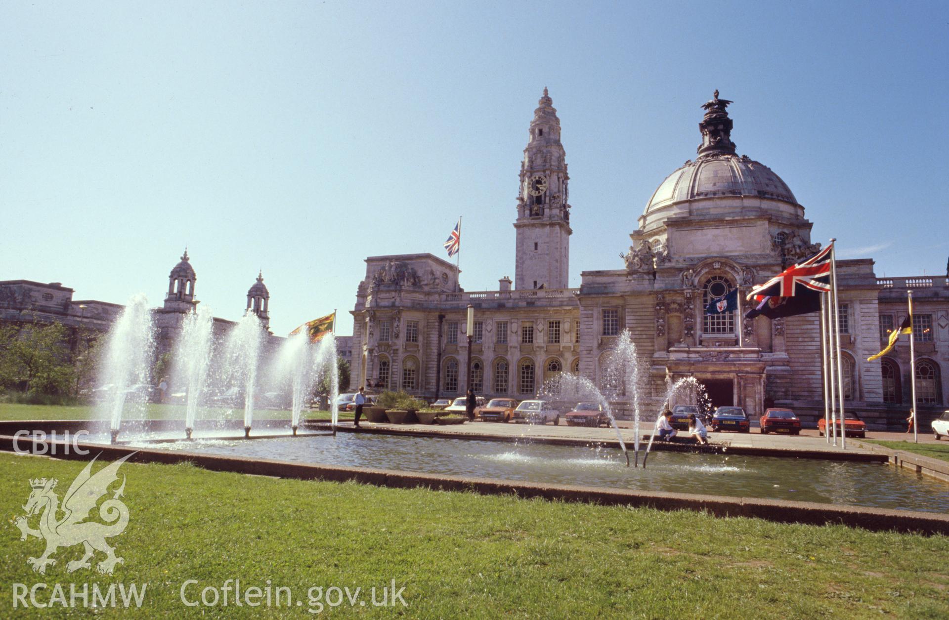 Colour transparency showing view of the Civic Centre, Cathays Park, Cardiff; collated by the former Central Office of Information.