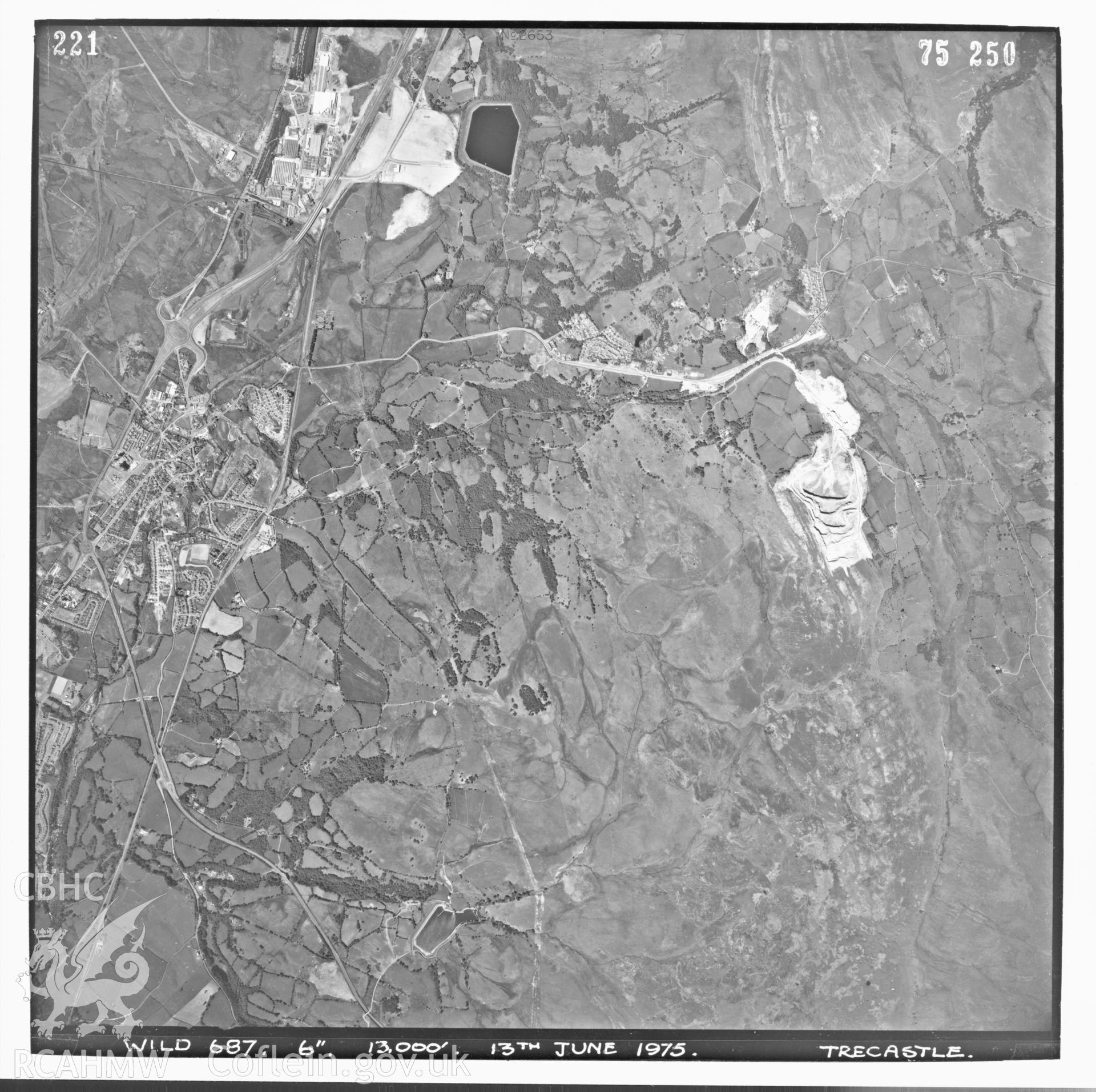 Digitized copy of an aerial photograph showing the Hirwaun area, taken by Ordnance Survey, 1975.