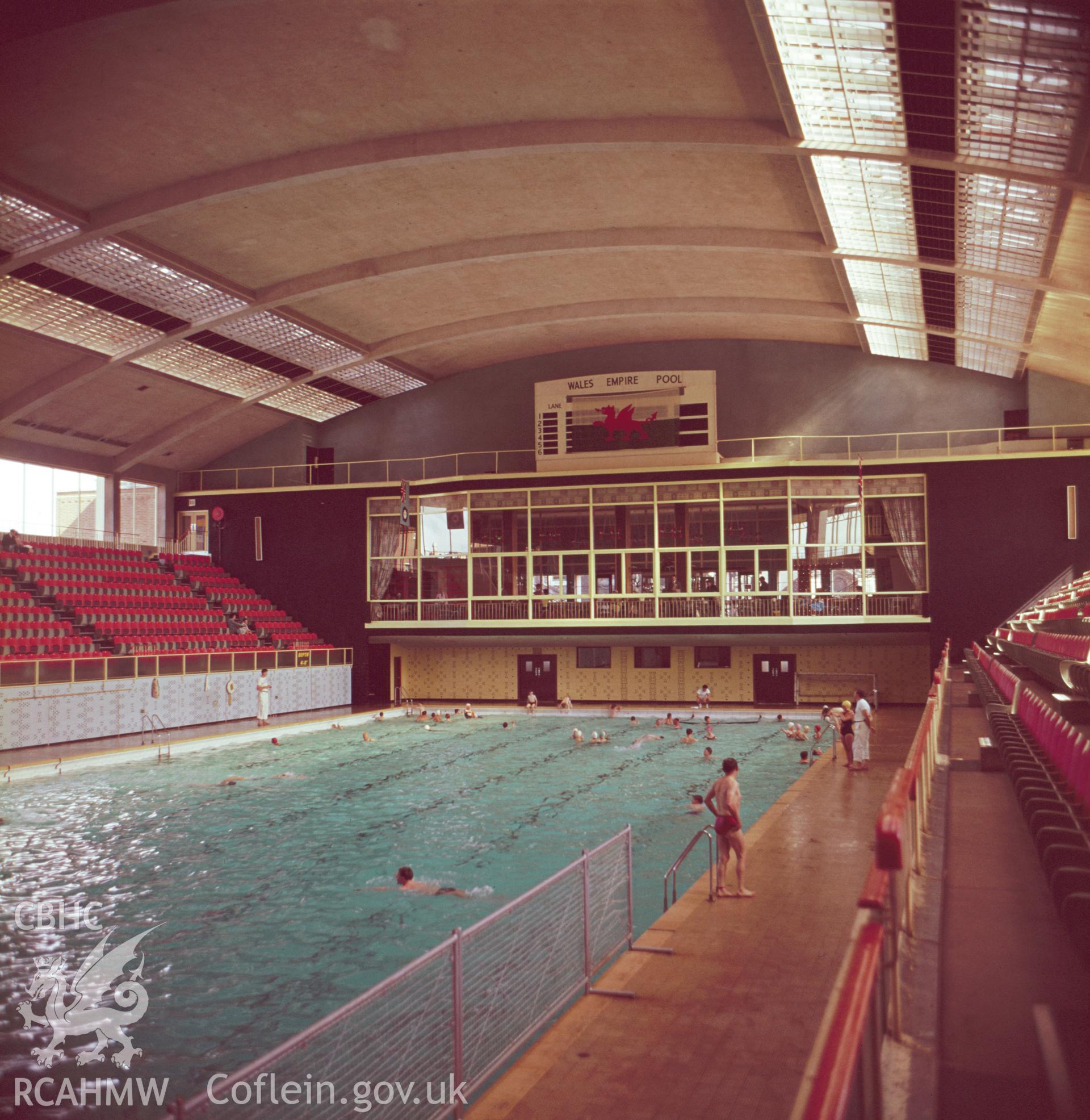 1 colour transparency showing interior view of the Empire Swimming Pool, Cardiff; collated by the former Central Office of Information.