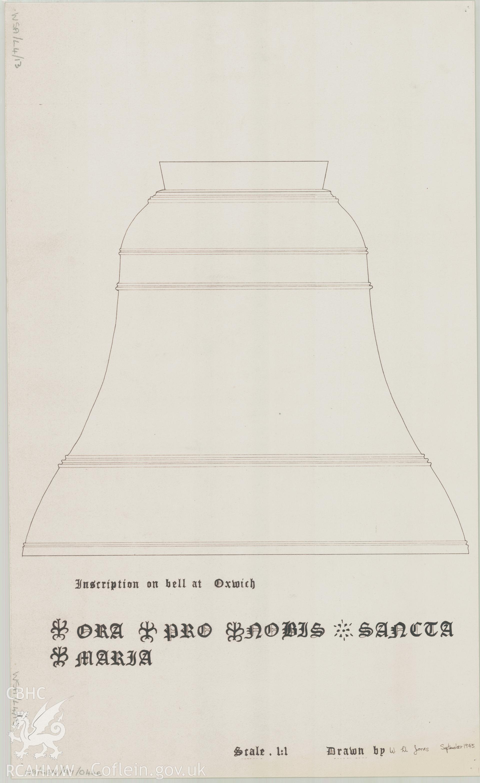 Measured drawing showing detail of the bell at St Illtyd's Church, Oxwich, produced by W.Ll. Jones, September 1975.