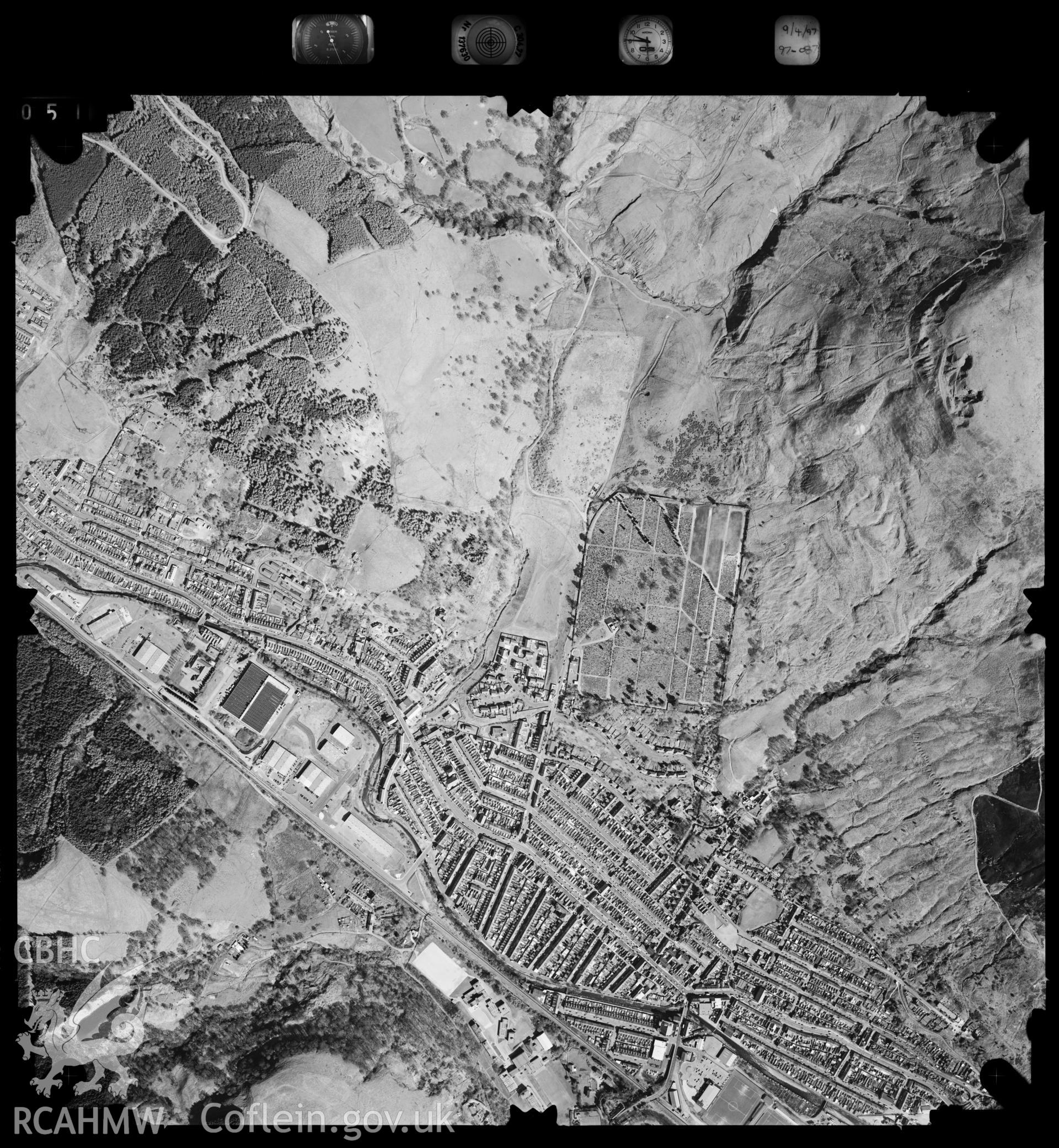 Digitized copy of an aerial photograph showing the Treorchy area, taken by Ordnance Survey, April 1997.