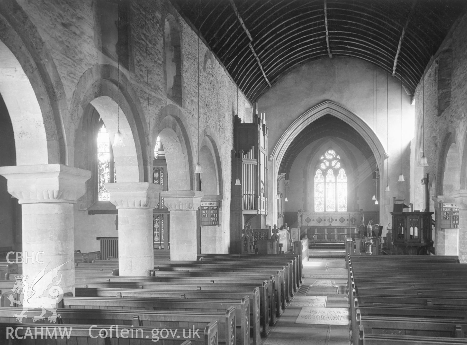 1 b/w print showing interior view of St Woolas Cathedral, Newport, collated by the former Central Office of Information.