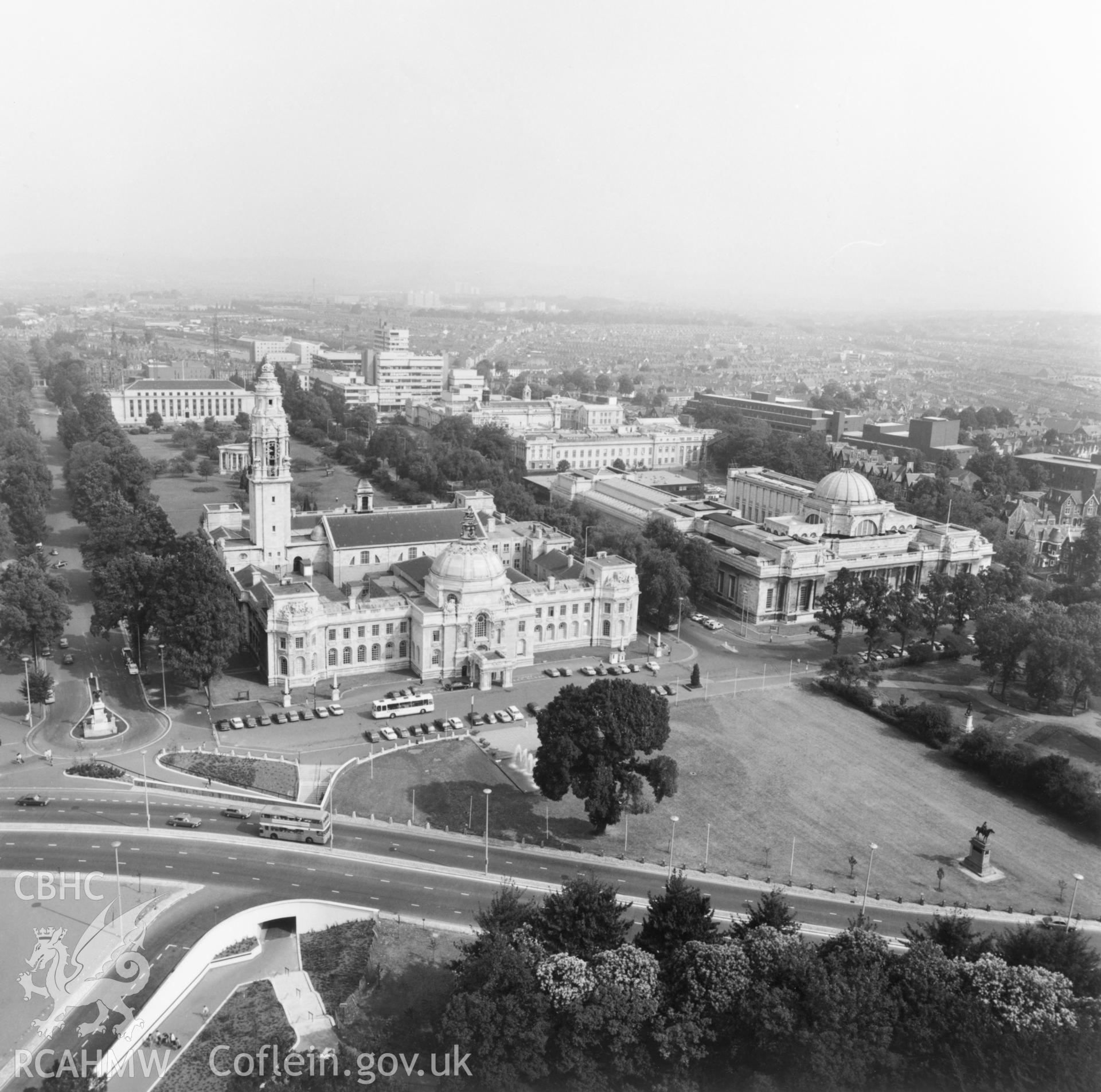 1 b/w print showing aerial oblique view of Cardiff City Hall; collated by the former Central Office of Information.