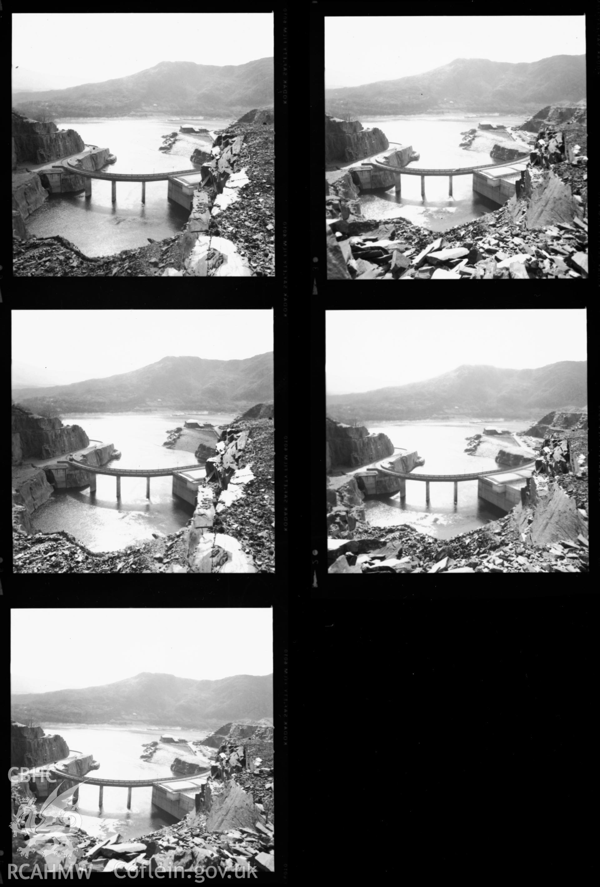 1 contact sheet of 5 b/w photographs showing lake and circular road bridge near Dinorwig Power Station; collated by the former Central Office of Information.