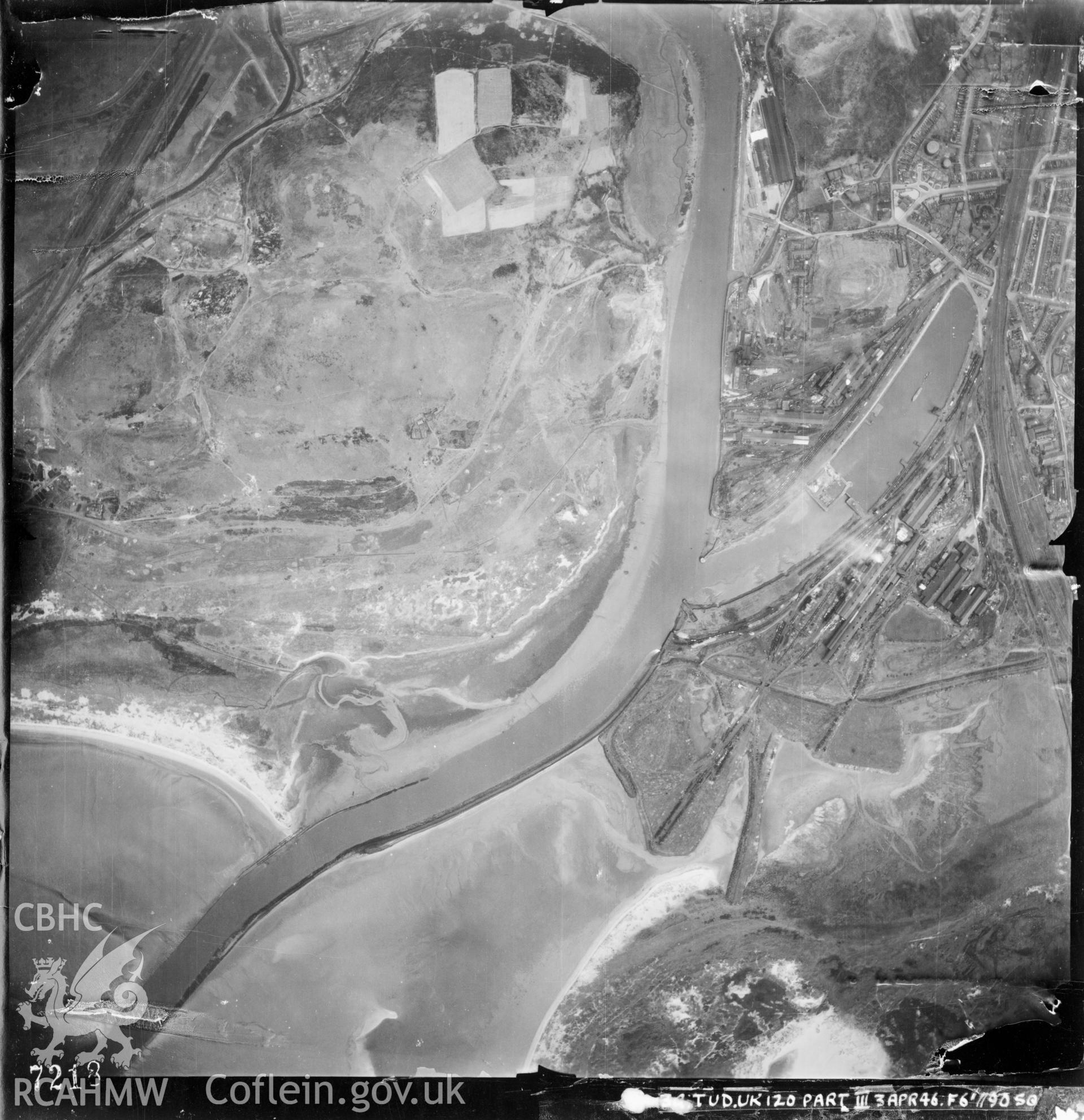 Black and white vertical aerial photograph taken by the RAF on 03/04/1946 centred on SS73349352 at a scale of 1:10000. The photograph includes part of Briton Ferry community in Neath, Port Talbot.