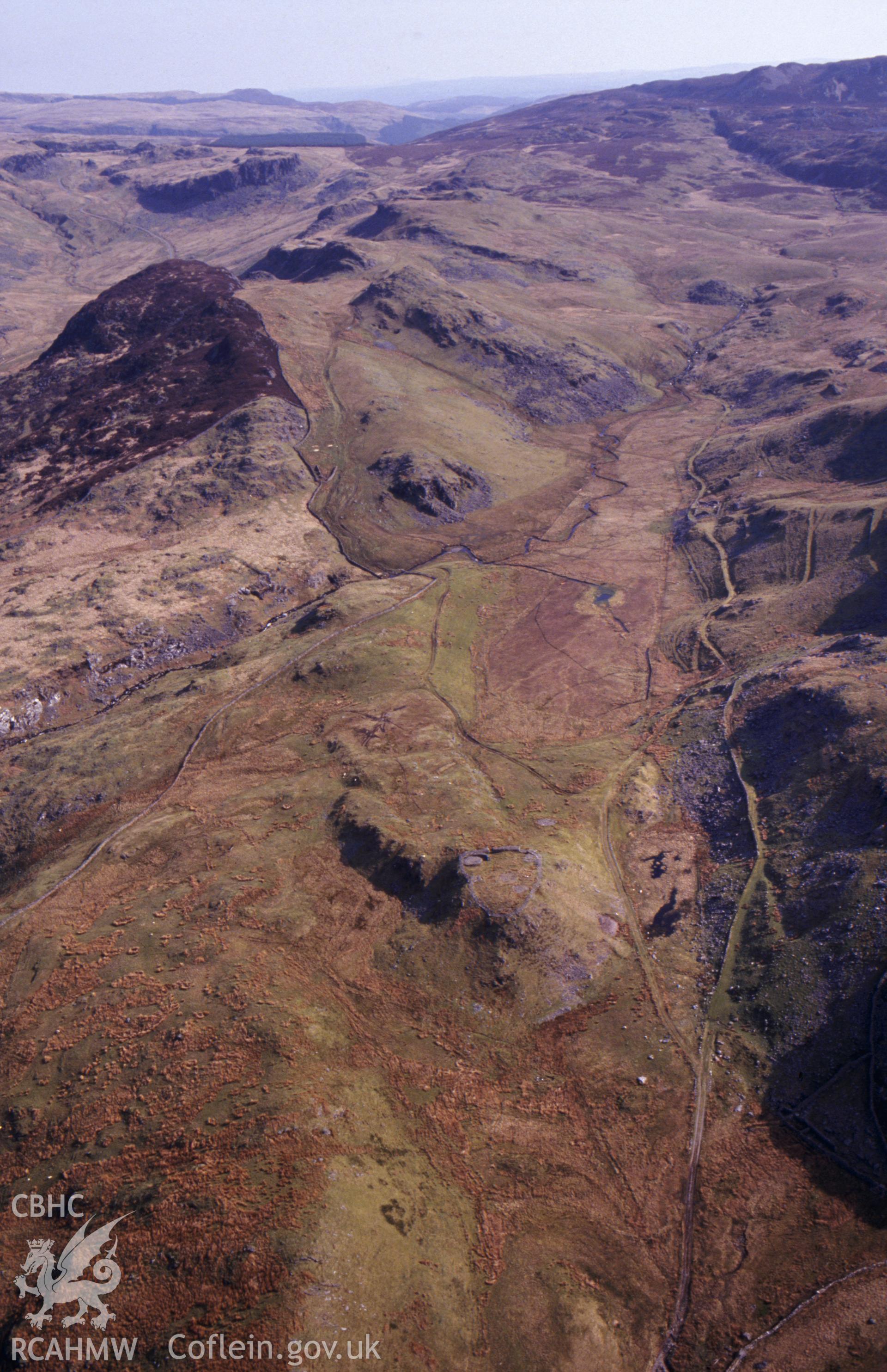 RCAHMW colour slide oblique aerial photograph of Bryn-y-castell, Ffestiniog, taken by C.R. Musson, 01/05/94