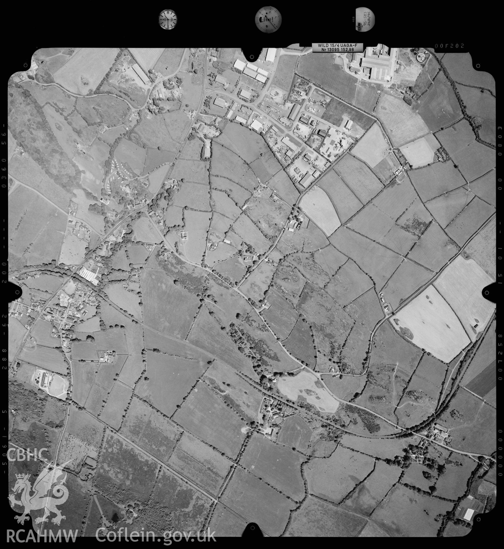 Digitized copy of an aerial photograph showing Llanfairpwll area, taken by Ordnance Survey, 1995.