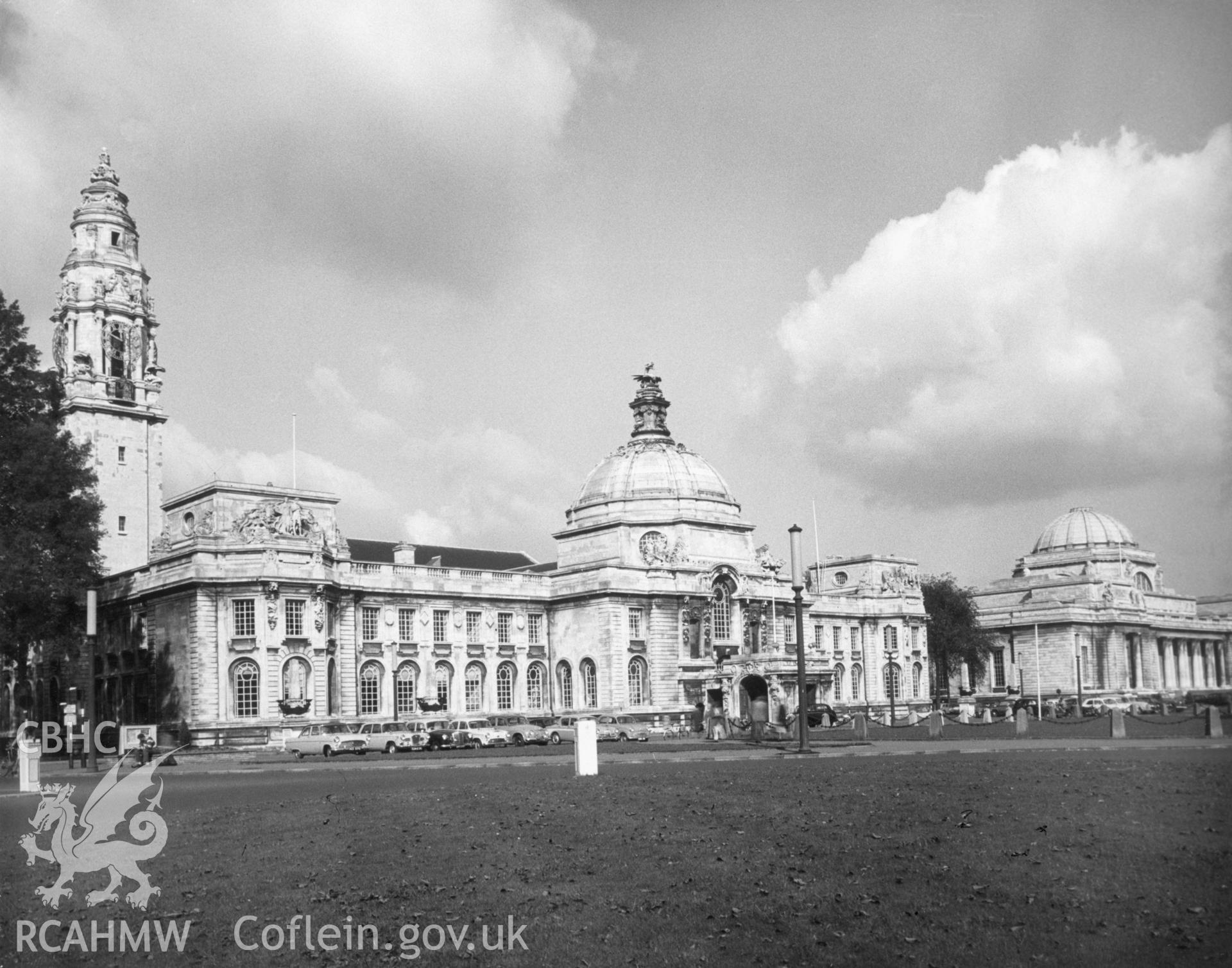 1 b/w print showing  view of Cardiff City Hall; collated by the former Central Office of Information.