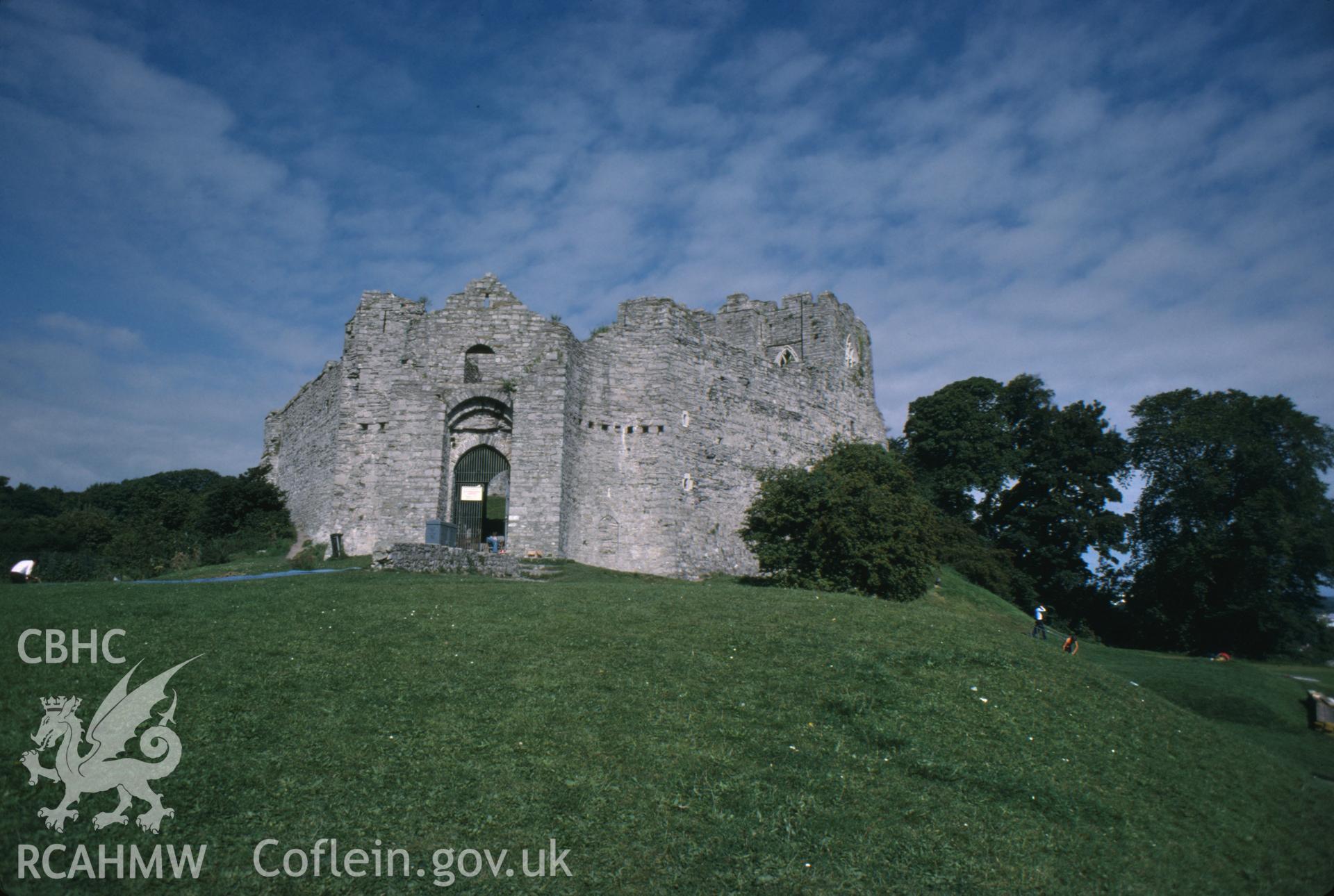 Colour photographic transparency showing Oystermouth Castle; collated by the former Central Office of Information.