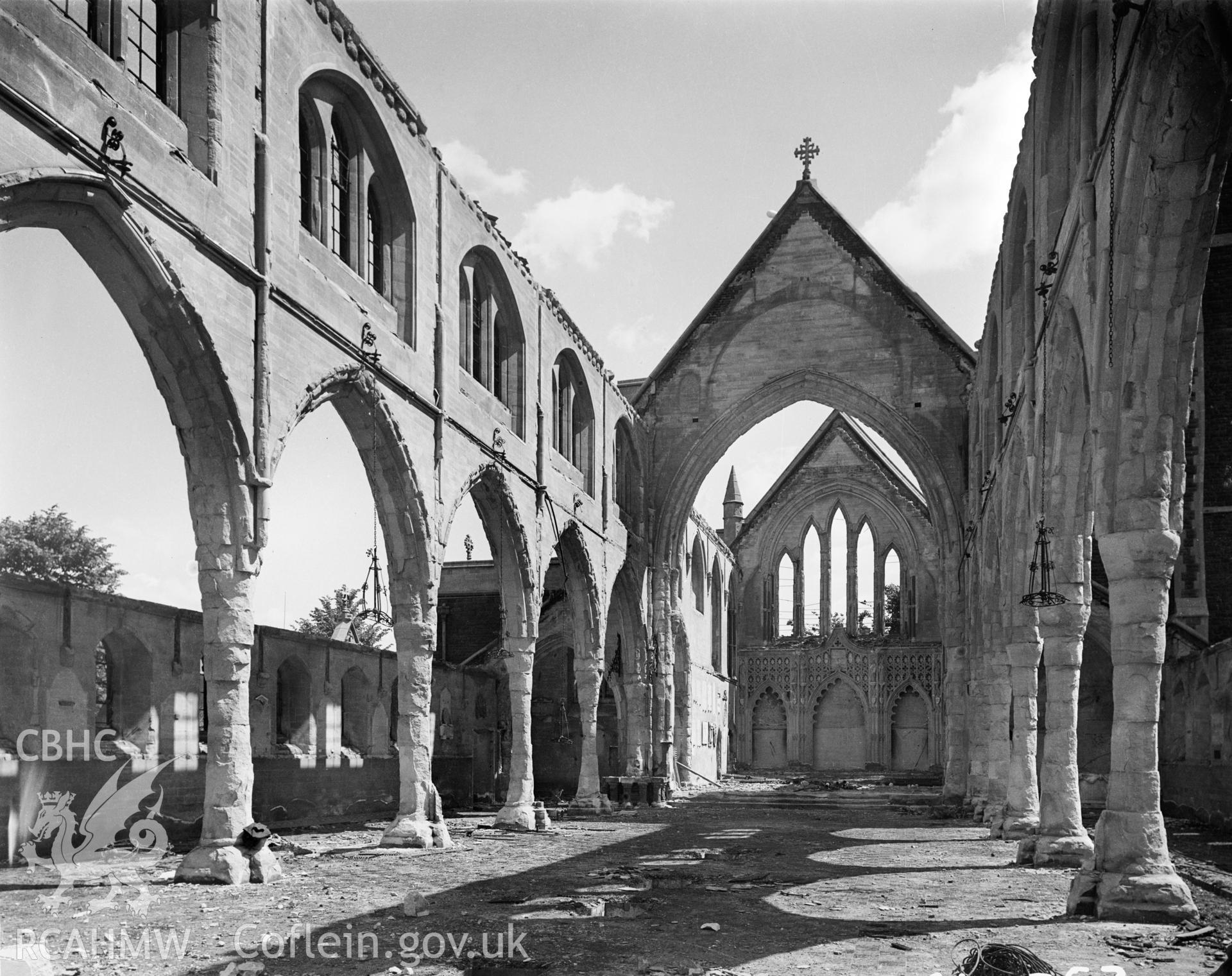 Interior view looking east, showing damage to the church caused by enemy action