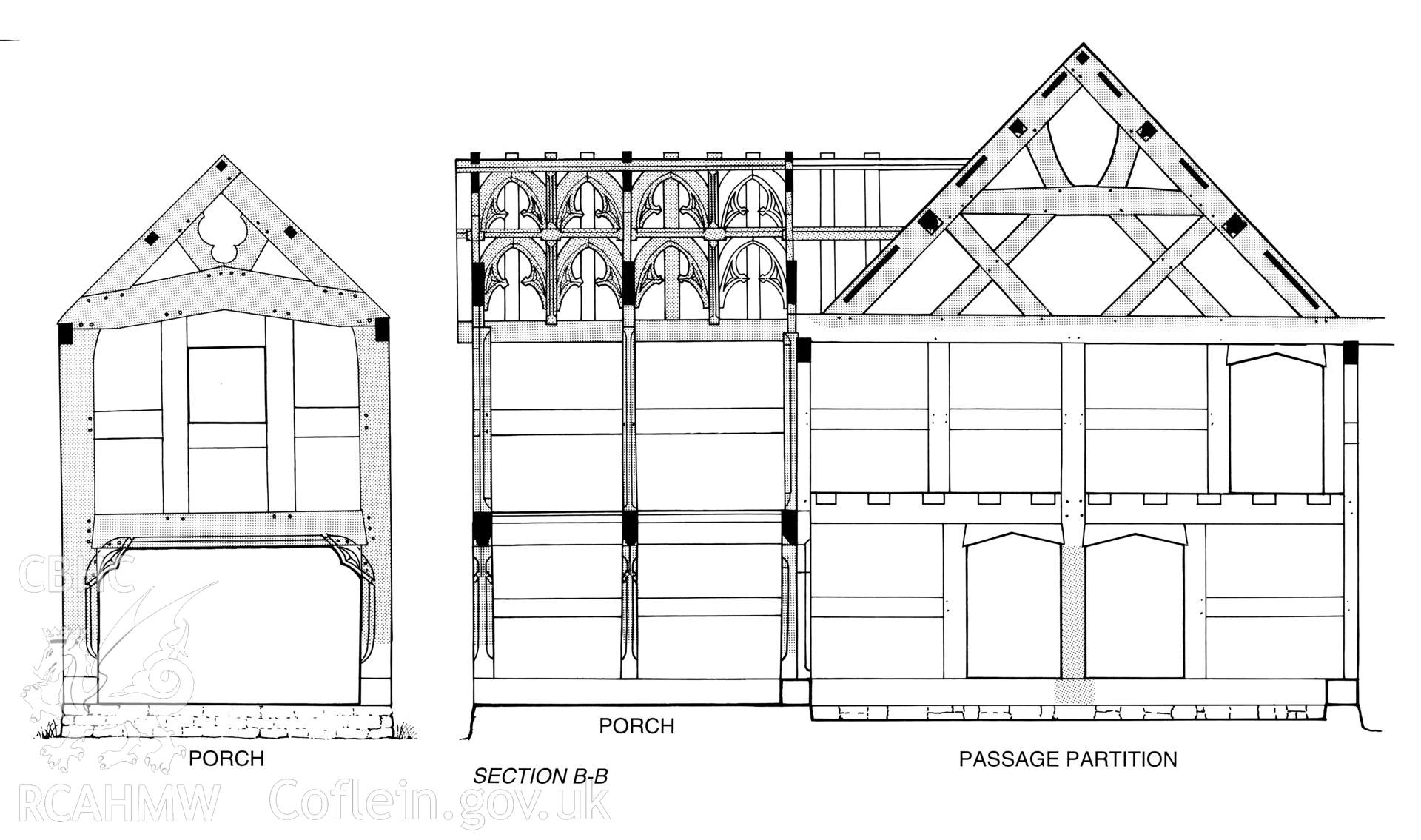 Measured drawings showing sections of the porch and passage partition at Bryndraenog, Bugeildy , as published in the RCAHMW volume, Houses and History in the Marches of Wales. Radnorshire 1400-1800,  page 50, figure 42.