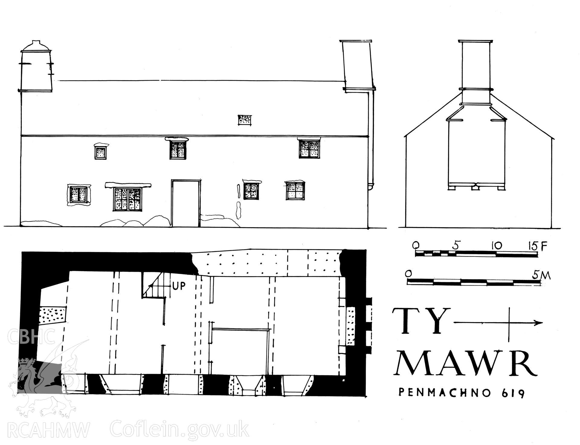 RCAHMW drawing (ink on linen) showing plan, section & elevation of Ty Mawr, Gwibernant, as published in Caerns Inventory Volume I, fig 168.