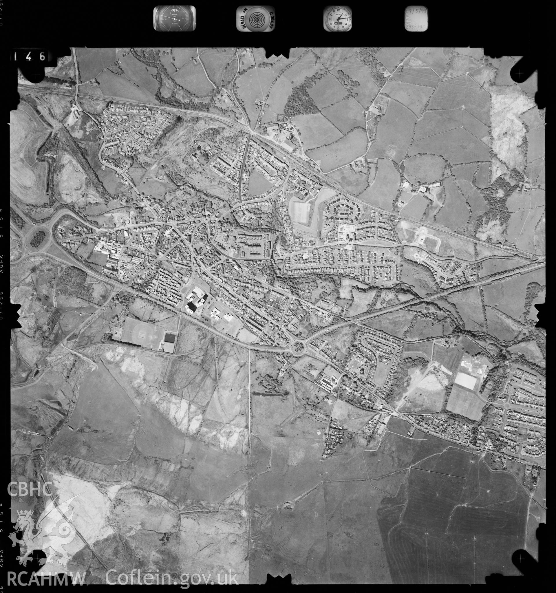 Digitized copy of an aerial photograph showing the Hirwaun area, taken by Ordnance Survey, 1993.