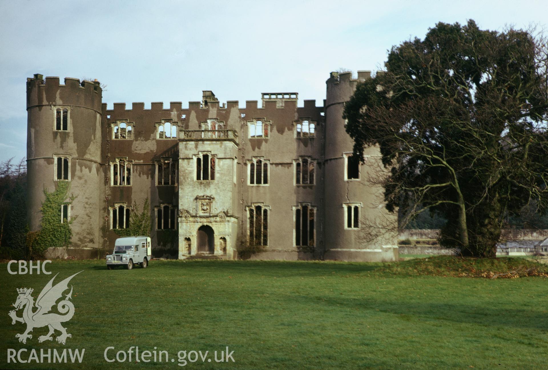 35mm colour slide showing an exterior view of Ruppera Castle, Caerphilly, Glamorgan, produced by Harry Brooksby, June 1977.