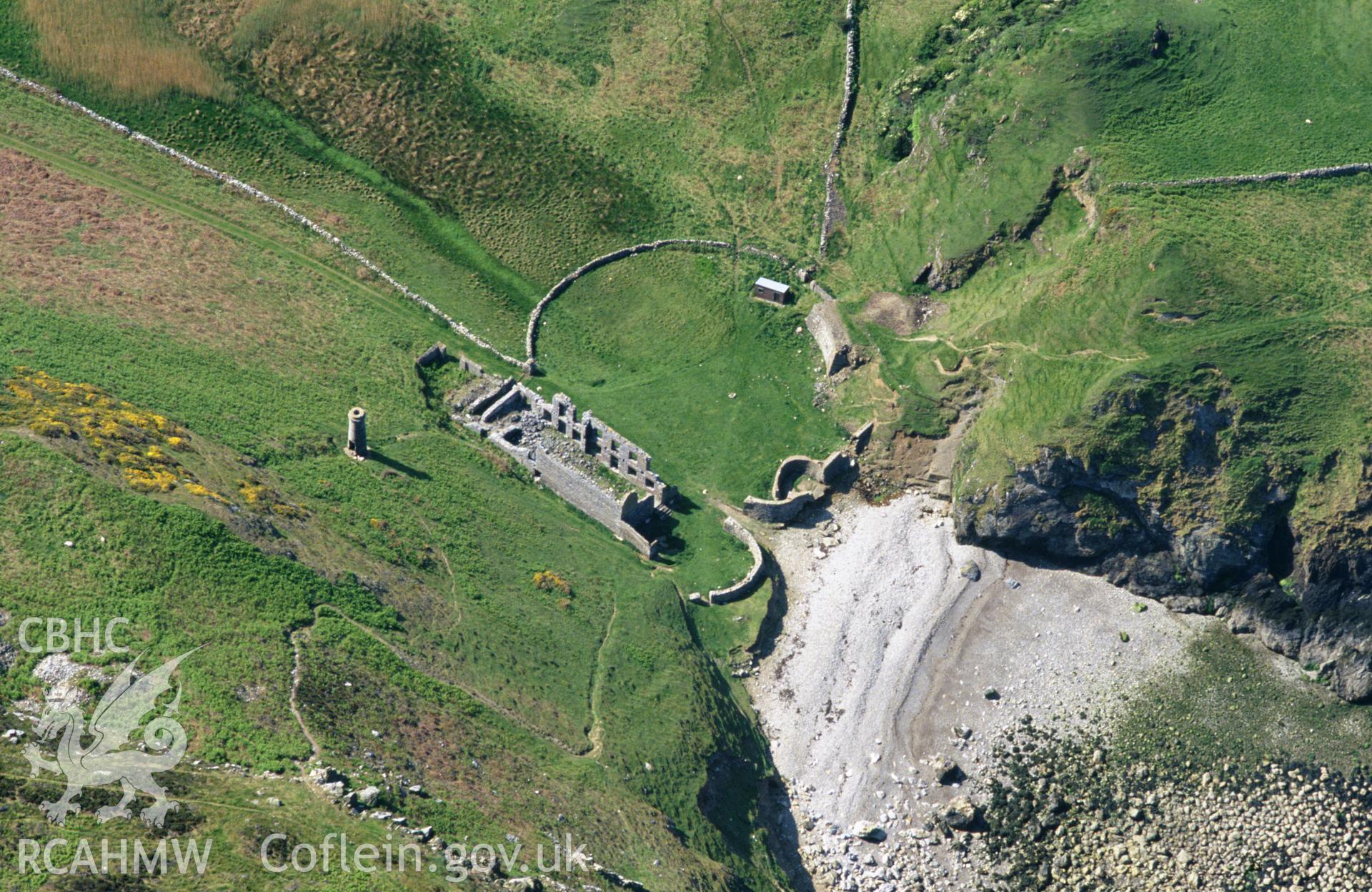 RCAHMW colour slide oblique aerial photograph of Porth Llanlleina Brickworks, taken by C.R. Musson, 1994.