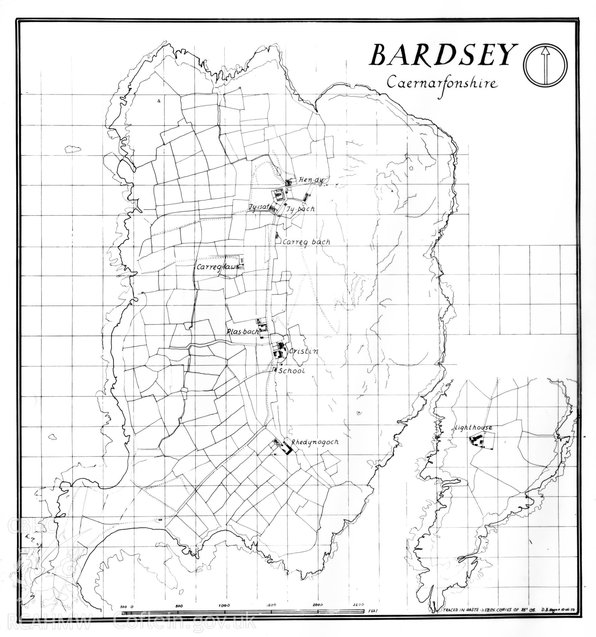 Annotated large scale map showing the location of farmsteads across Bardsey Island, compiled by Douglas Hague 1973
