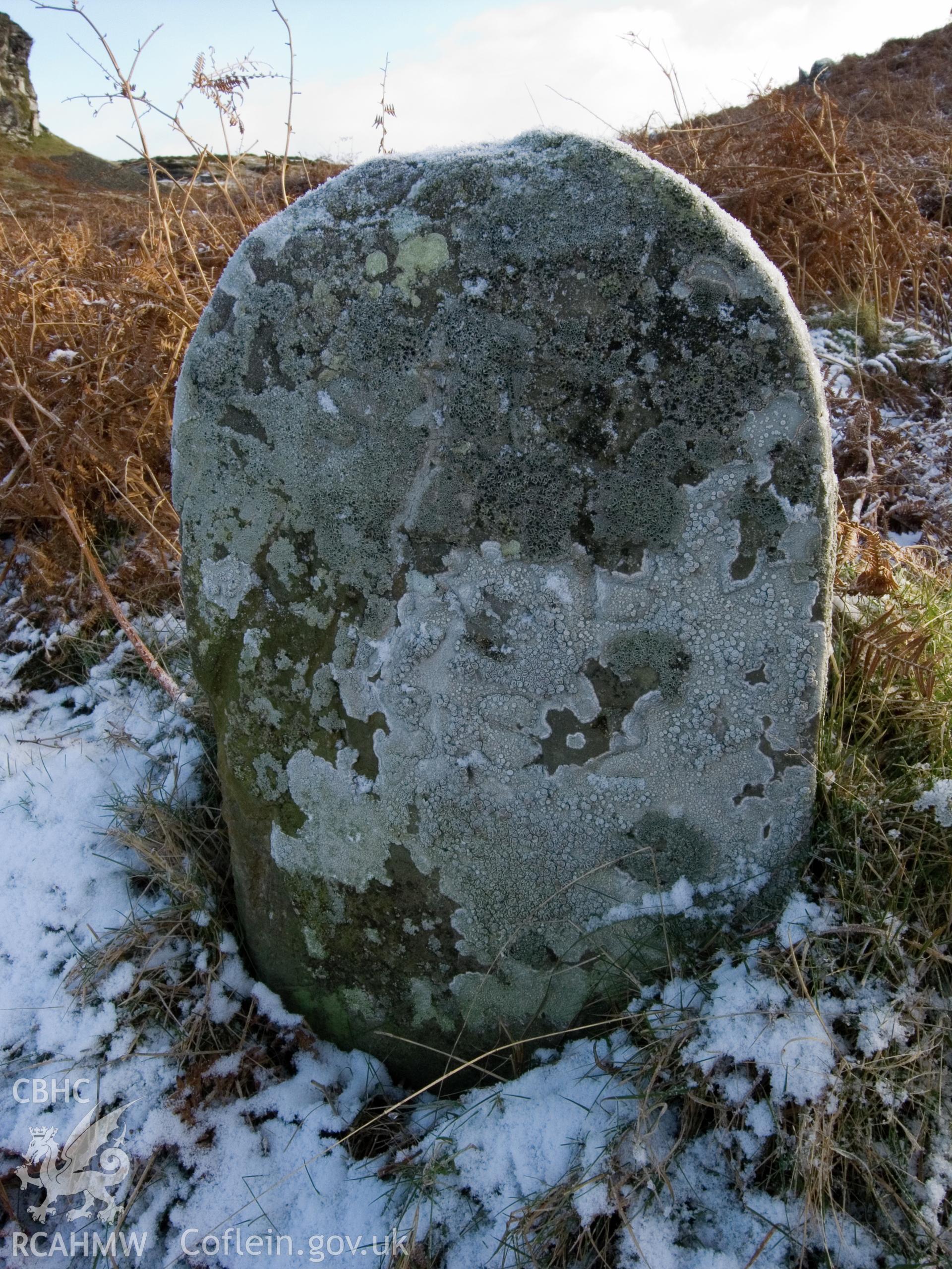 view of W face showing weathered inscription.