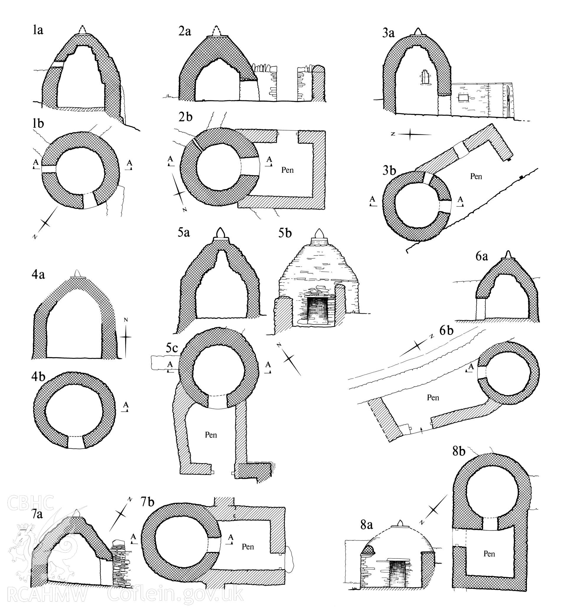 Digital image of measured drawings showing corbelled pigsties in Blaenau as published in RCAHMW Inventory : Glamorgan Volume IV: Domestic Architecture from the Reformation to the Industrial Revolution. Part II Farmhouses and Cottages, date of publication 1988.