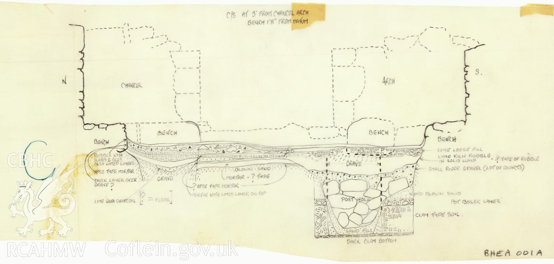 Pencil cross section drawing of Burry Holmes Church, site C.