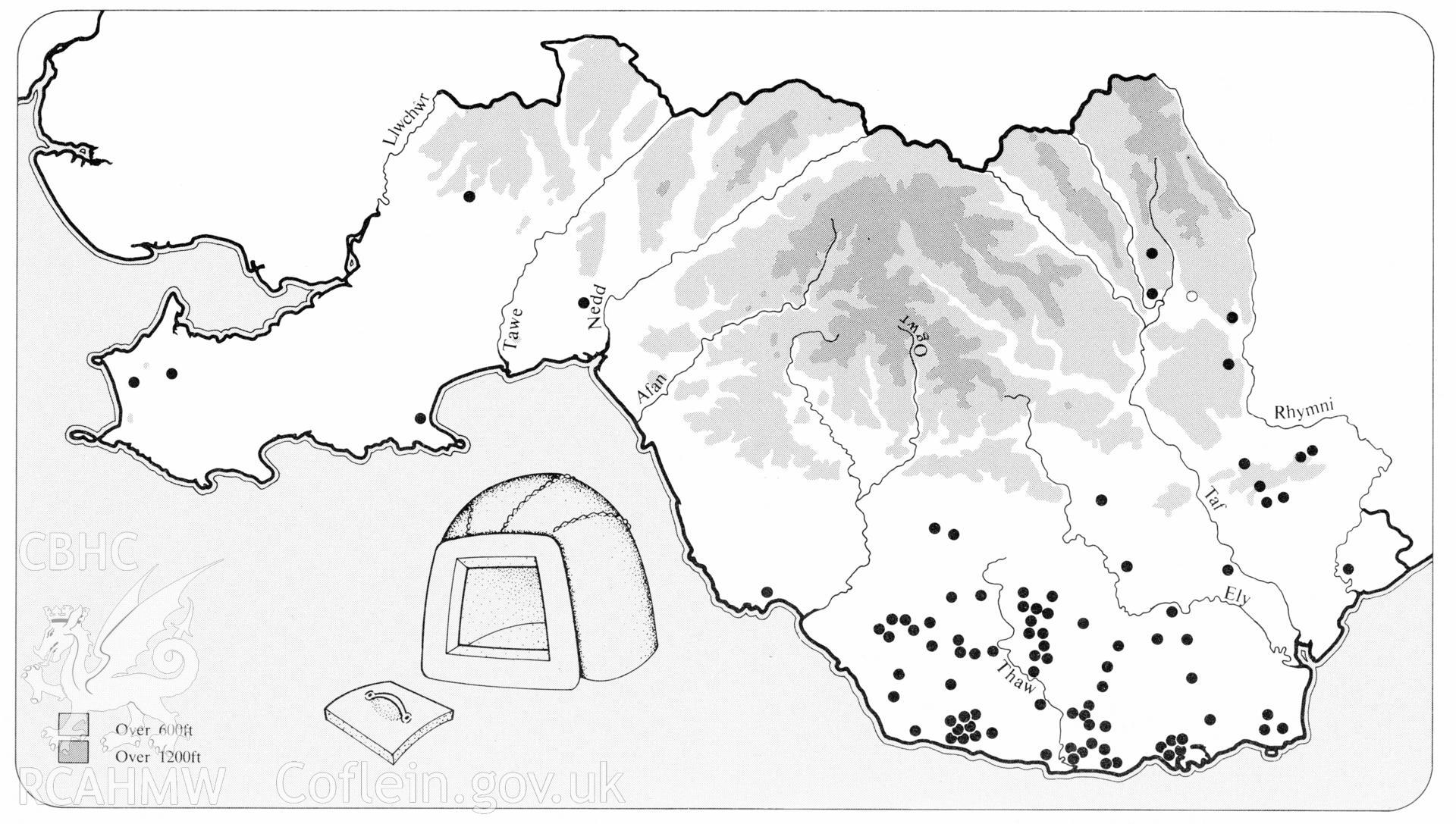 Digital copy of a distribution map showing clay bake ovens in Glamorgan as published in RCAHMW Inventory : Glamorgan Volume IV: Domestic Architecture from the Reformation to the Industrial Revolution. Part II Farmhouses and Cottages, date of publication 1988.